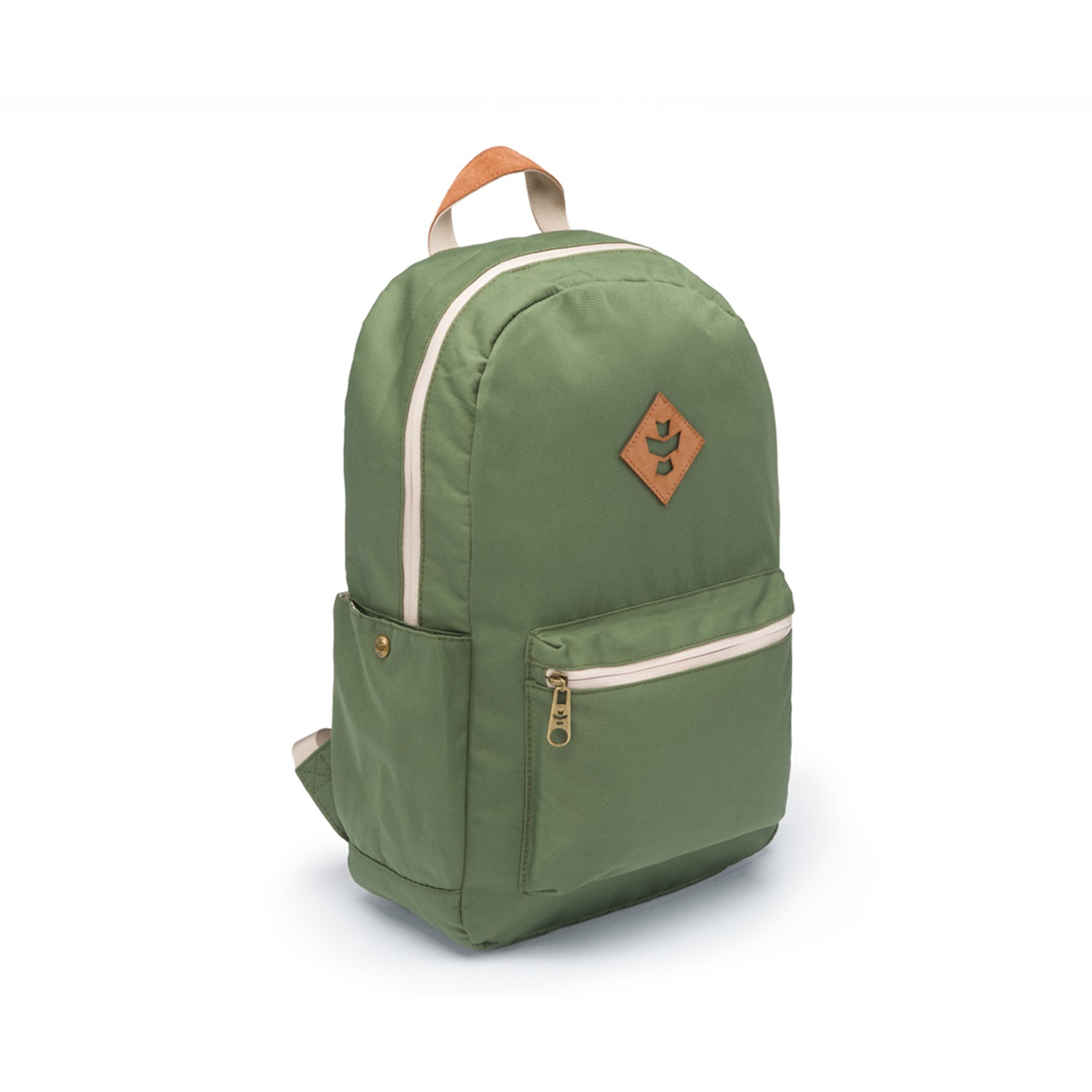 A three-quarter view of The Explorer - Smell Proof Backpack, a green backpack with a zipper pocket and top handle.