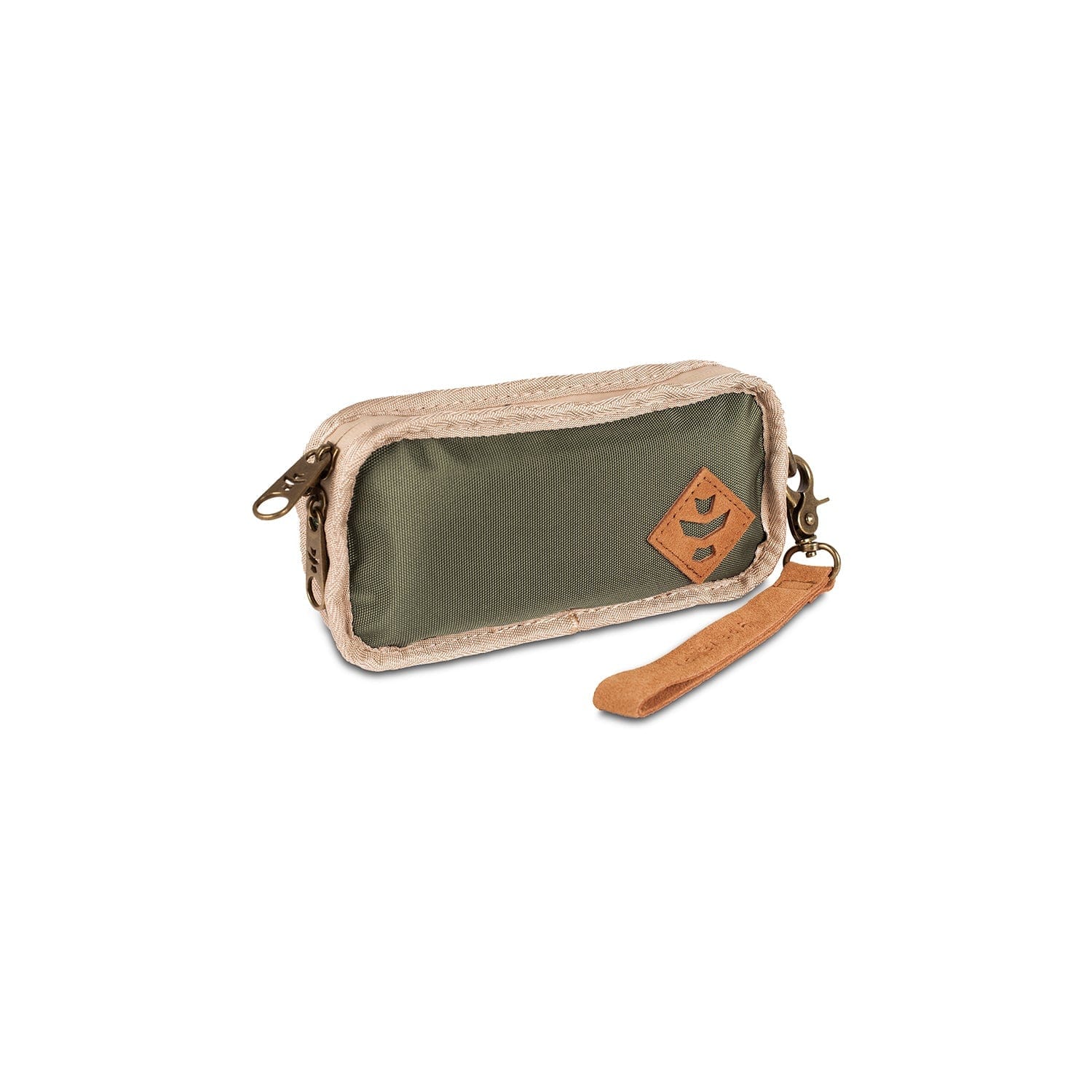 A close-up of The Gordito - Smell Proof Padded Pouch, a dark green, zippered bag with a tan leather strap.