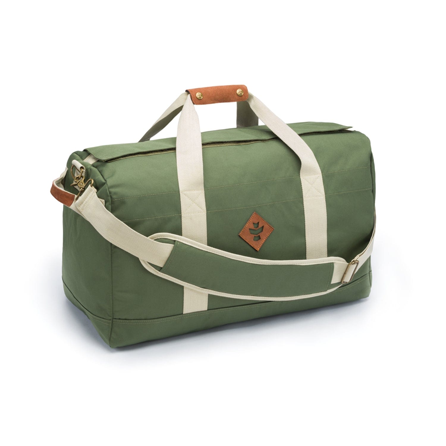 Angled front view of a green The Weekender - Smell Proof Medium Duffle with cream straps, leather handle accents, and brass hardware.