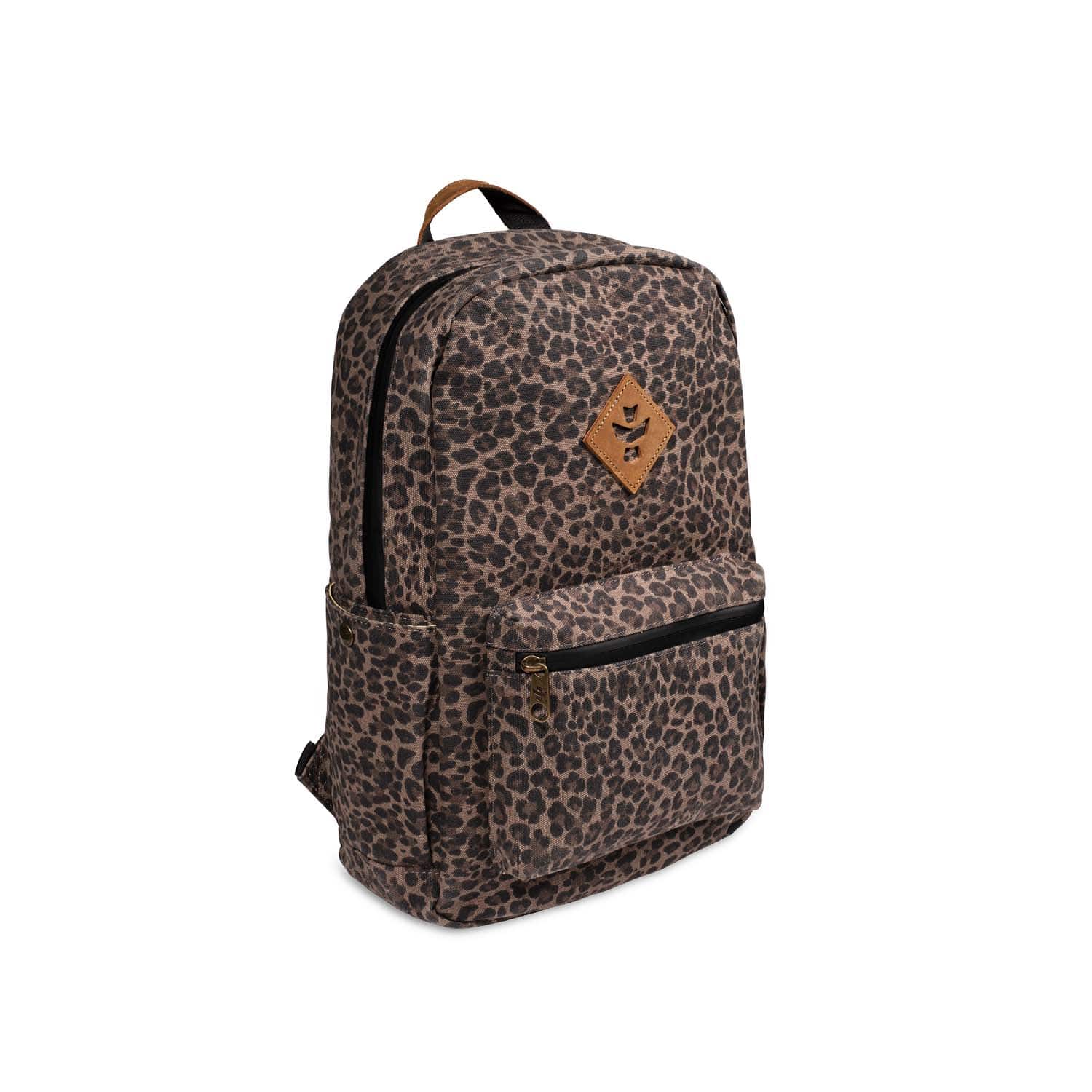 A three-quarter view of The Explorer - Smell Proof Backpack, showcasing its patterned exterior against a plain white background.