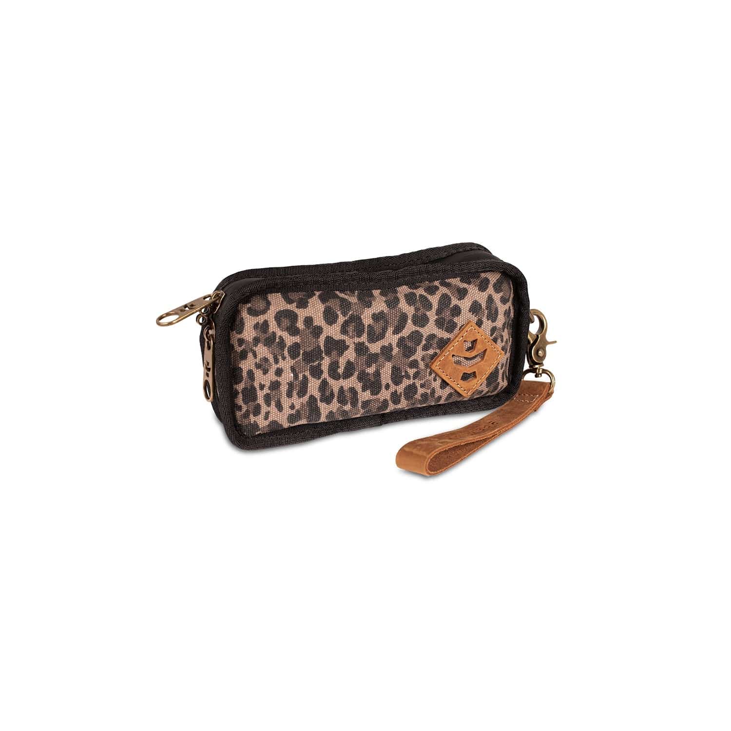 Front view of The Gordito - Smell Proof Padded Pouch, a brown patterned pouch with a zippered closure and a small carry loop.