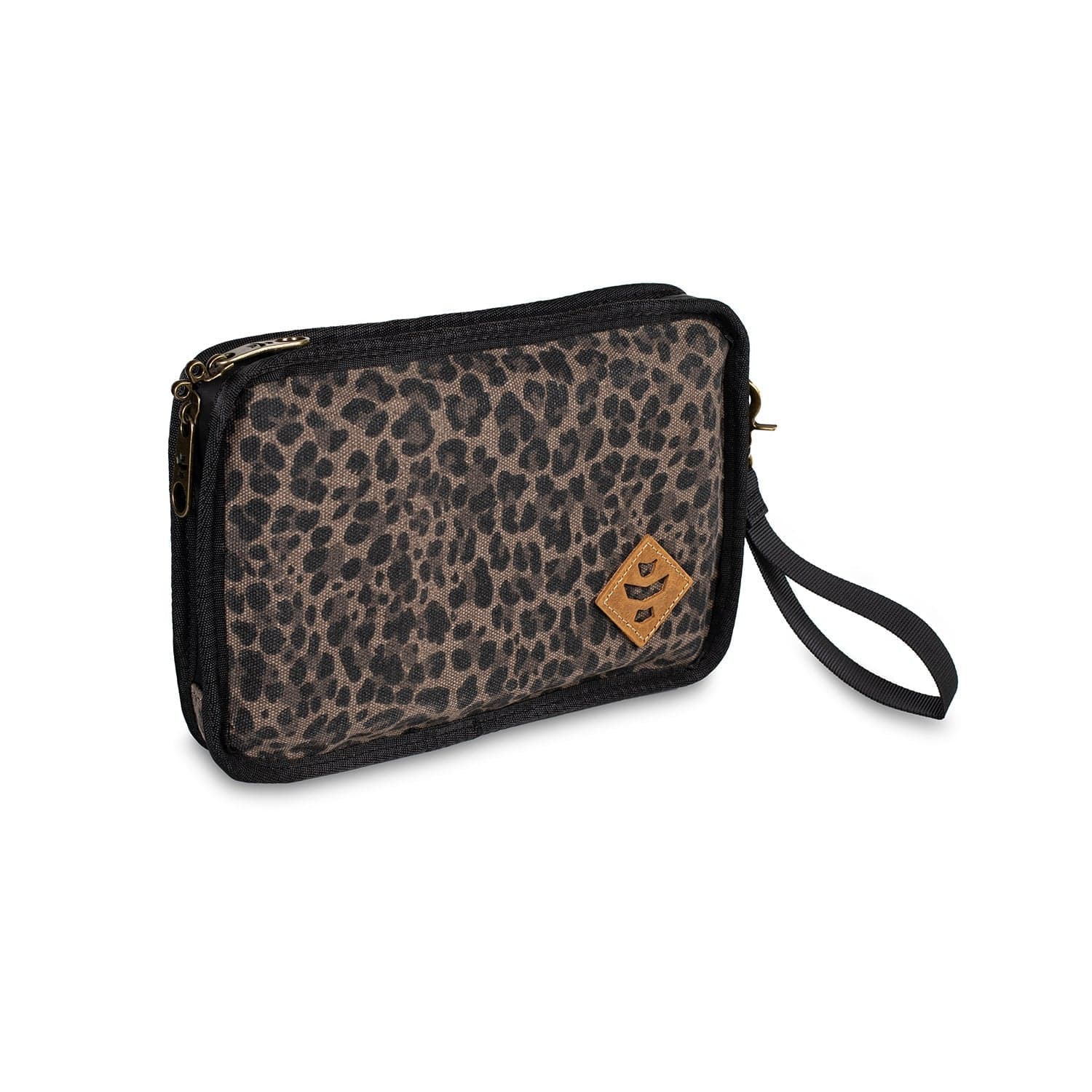 A close-up, angled view of The Gordo - Smell Proof Padded Pouch, featuring a patterned fabric and black zipper closure.