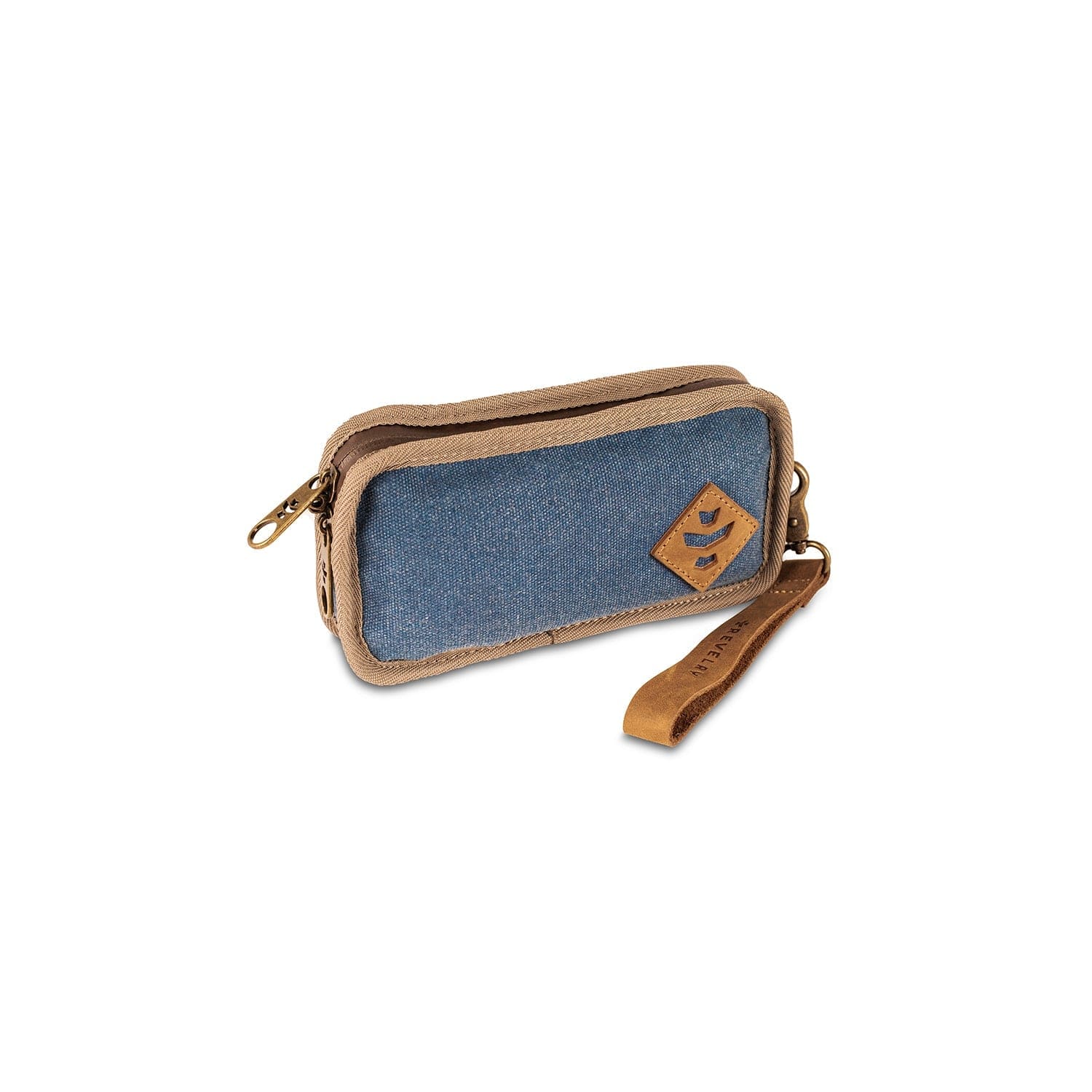 A slightly angled close-up of The Gordito - Smell Proof Padded Pouch, featuring a blue canvas exterior with a brown leather strap.