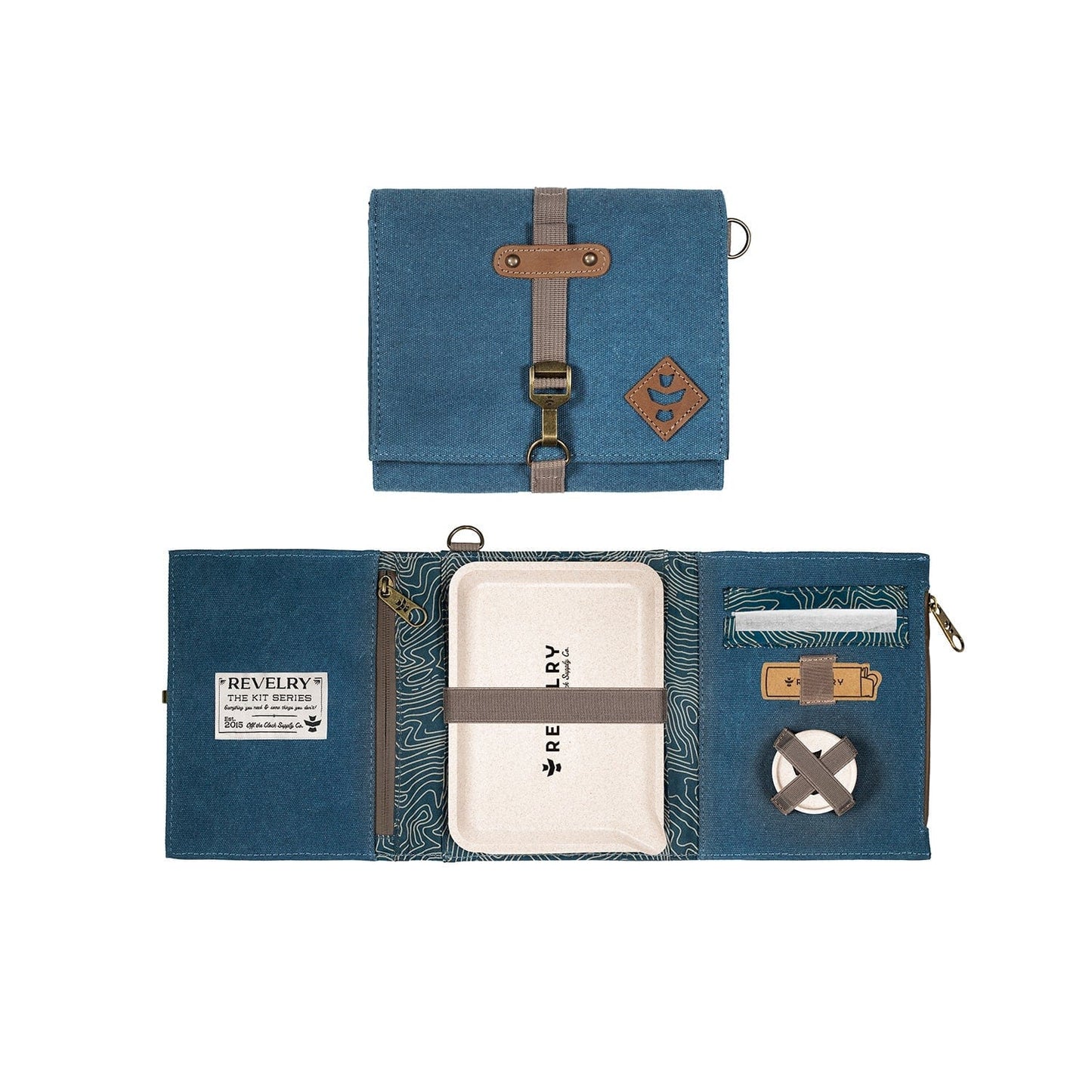 A top-down view of the closed, dark gray Rolling Kit - Smell Proof Kit, featuring a branded label and a circular zipper pull.