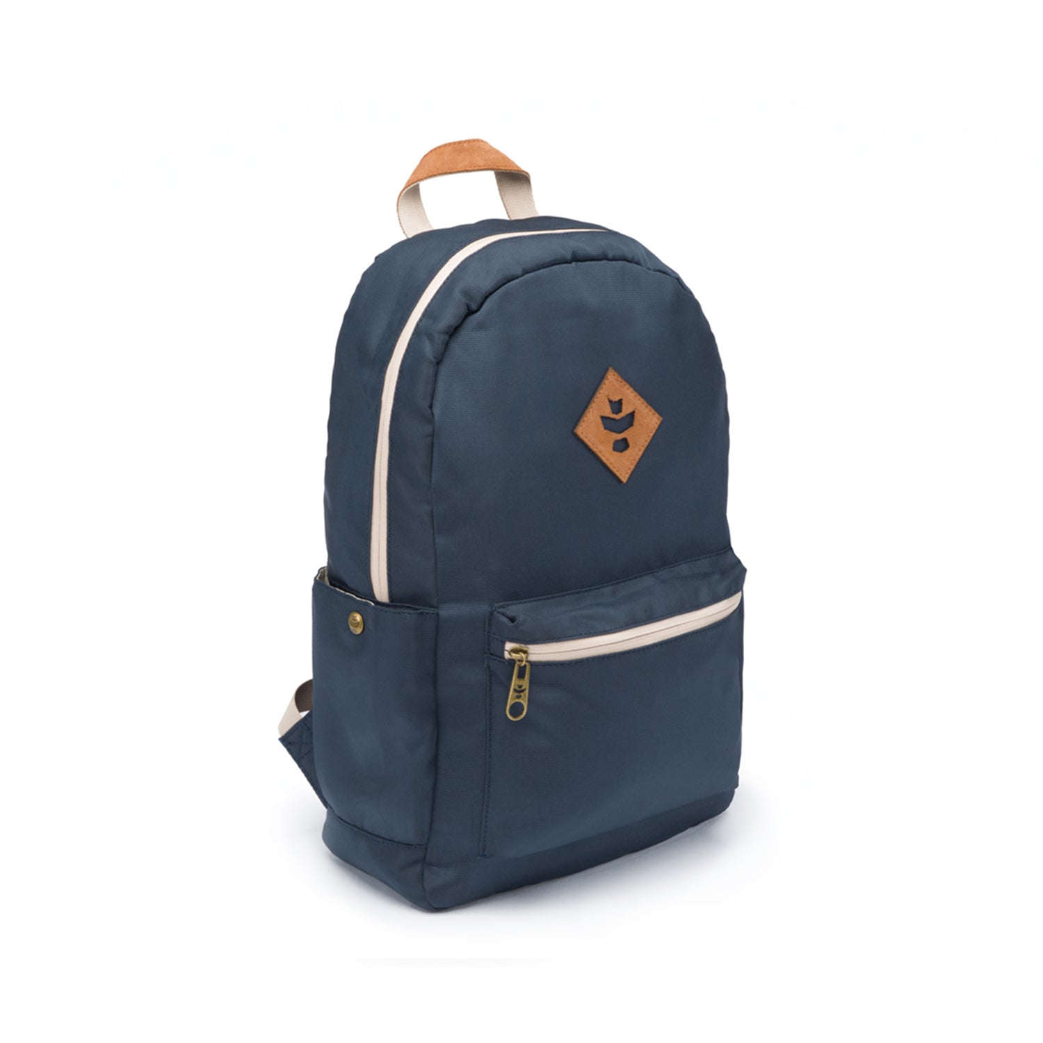 A three-quarter view of The Explorer - Smell Proof Backpack, showcasing its dark blue color and compact, streamlined design.