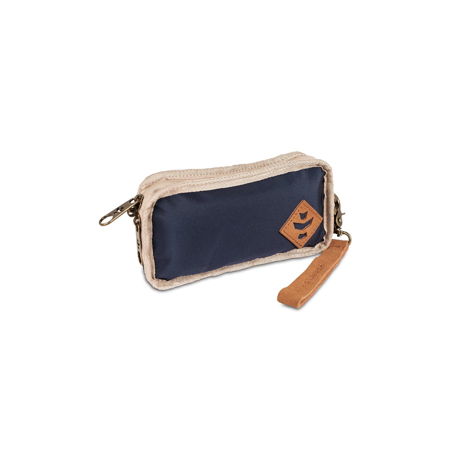 A close-up angled view of The Gordito - Smell Proof Padded Pouch, displaying its zippered closure and neutral-toned fabric.