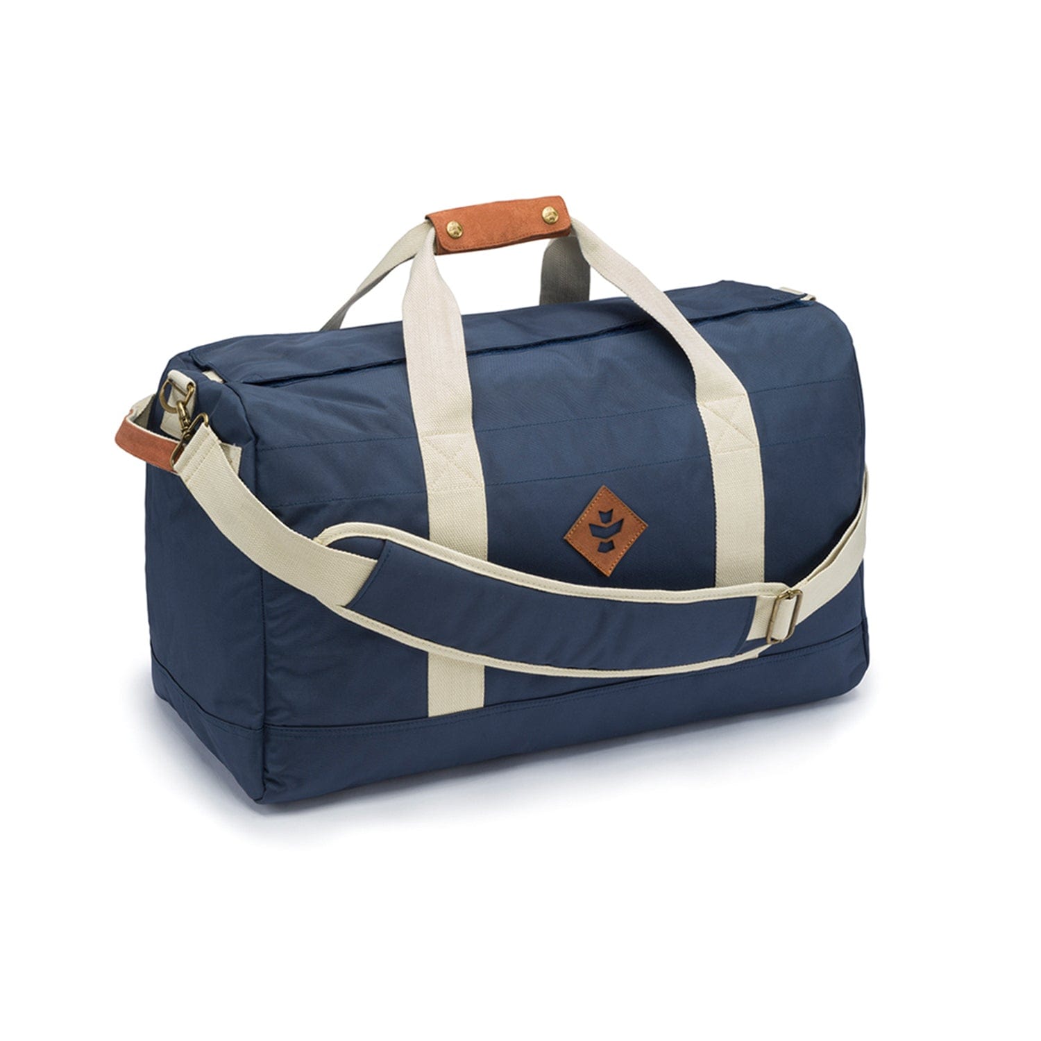 Angled front view of The Weekender - Smell Proof Medium Duffle in navy with cream straps and leather accents on a white background