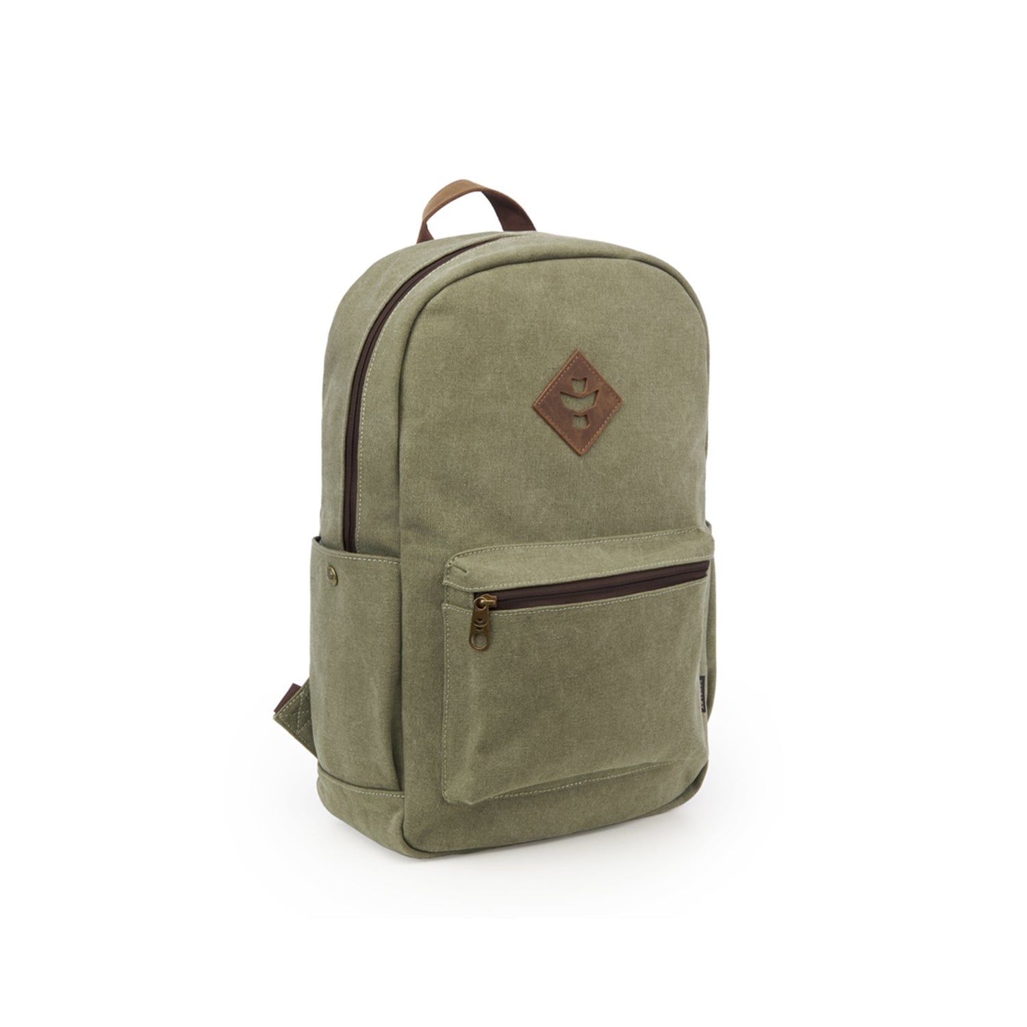 Front view of The Explorer - Smell Proof Backpack, a dark green canvas pack with a zippered front pocket.