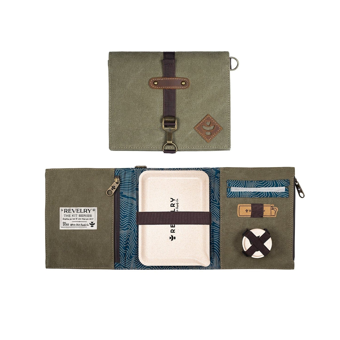 Front view of The Rolling Kit - Smell Proof Kit, a zipped, dark-green pouch with a branded logo and handle, against a plain white background.