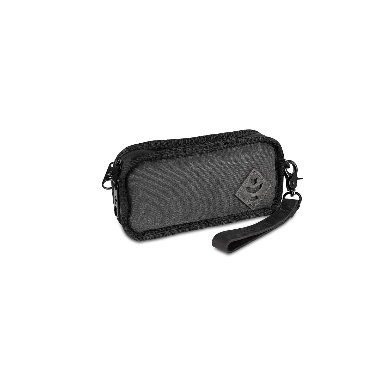 A slightly angled view of The Gordito - Smell Proof Padded Pouch, a dark zippered pouch with a handle and carabiner clip.