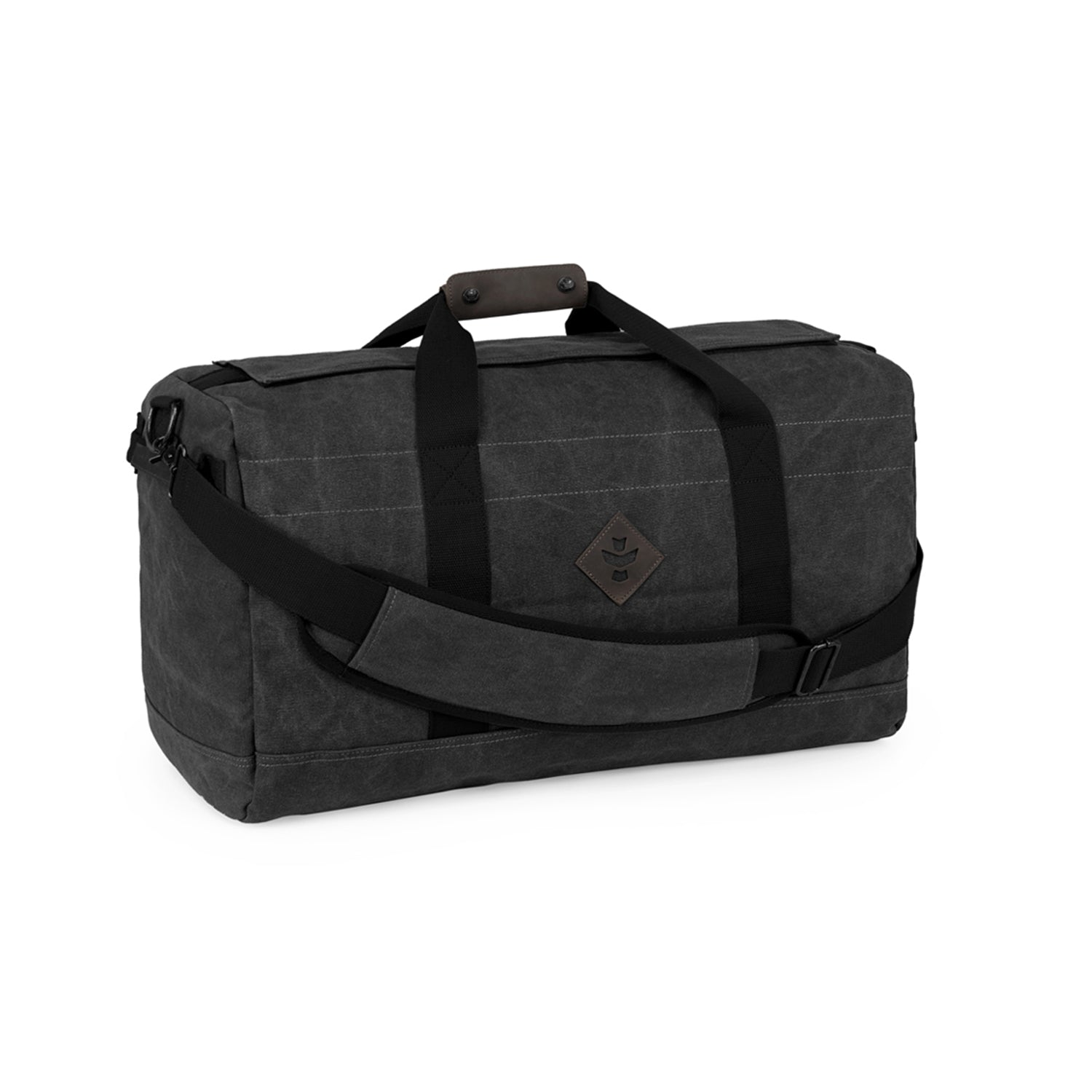 Angled front view of The Weekender - Smell Proof Medium Duffle in charcoal canvas with black straps and a padded shoulder sling.