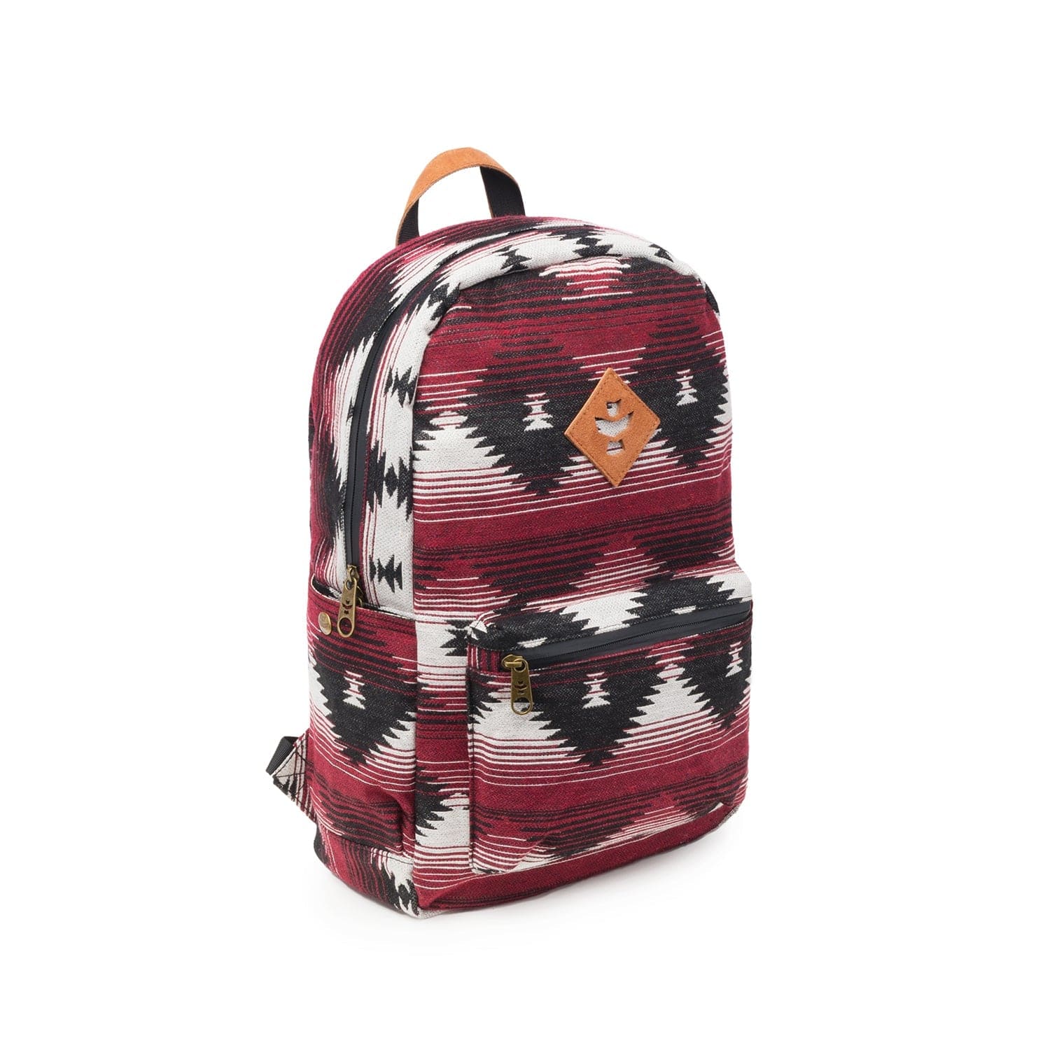 Front view of The Explorer - Smell Proof Backpack, featuring a patterned fabric design and dark-colored zippers.