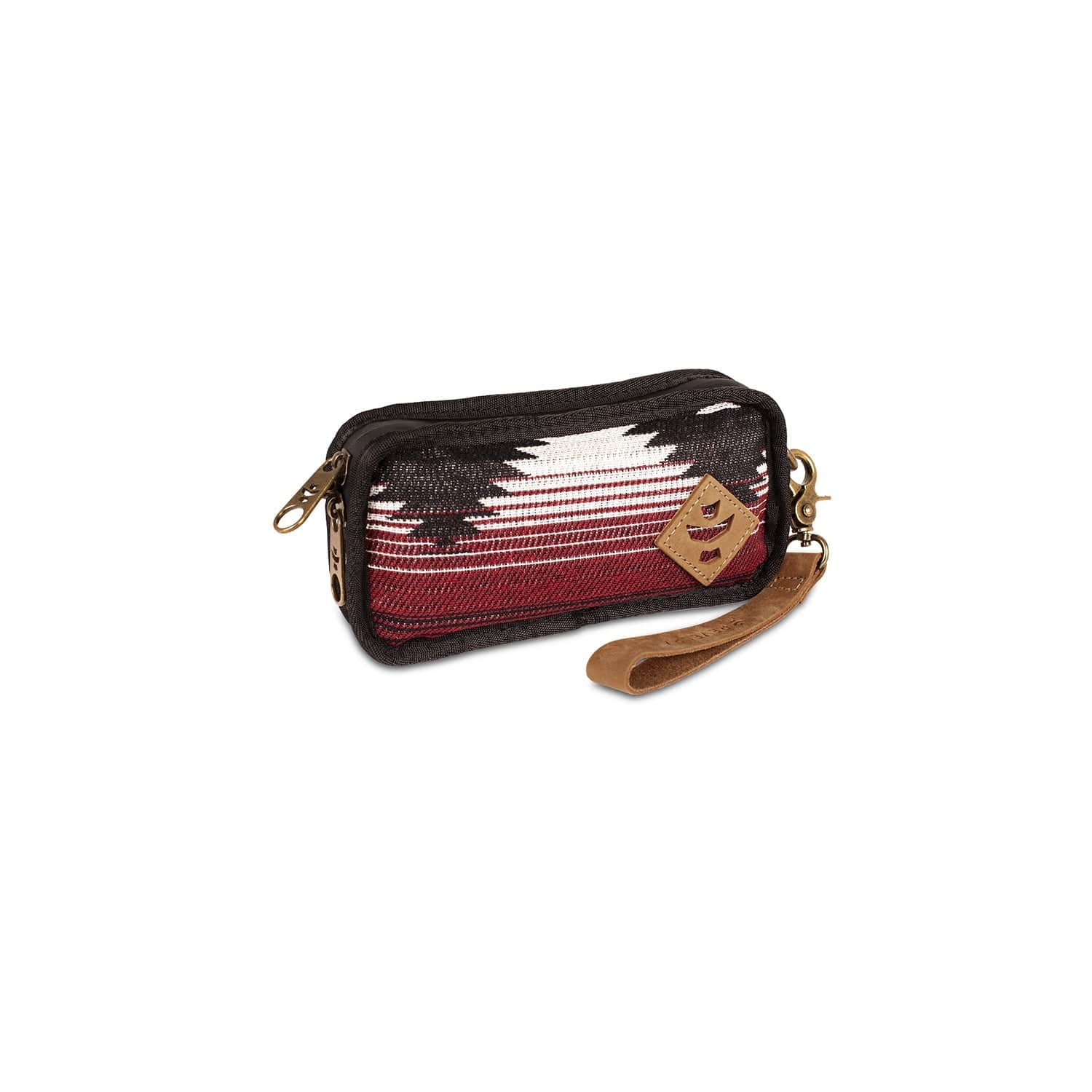 Front view of The Gordito - Smell Proof Padded Pouch, a rectangular pouch with a colorful patterned exterior and a leather pull tab.