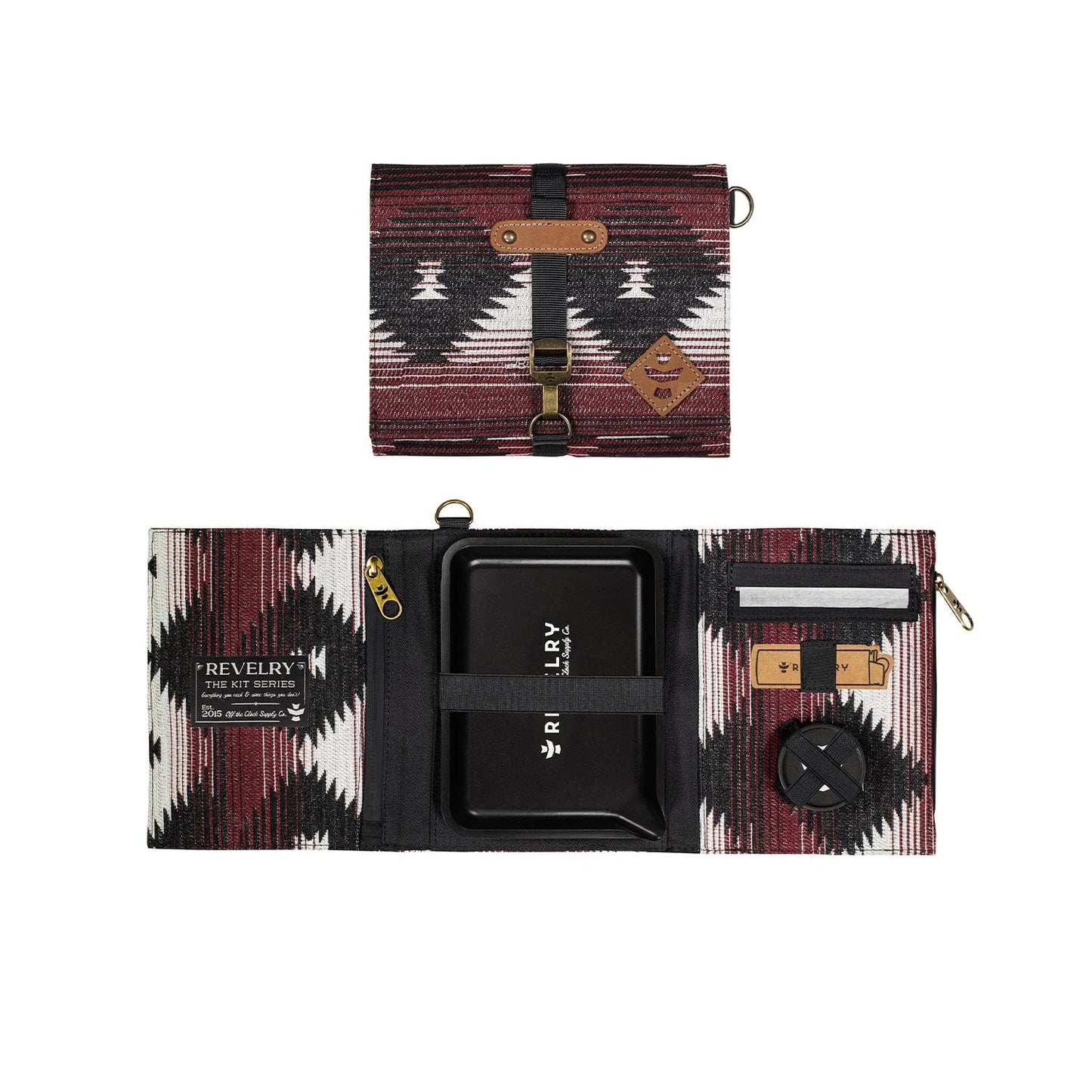 Front view of the Revelry Rolling Kit - Smell Proof Kit, showcasing a patterned, zippered pouch with a black pull tab and branded tag.