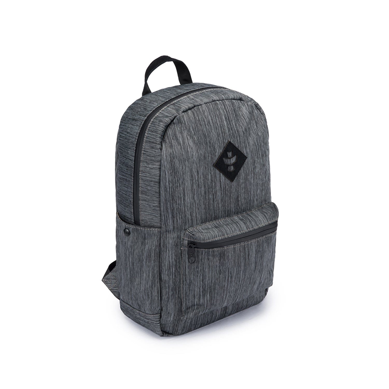 A three-quarter view of The Explorer - Smell Proof Backpack, showing its gray, textured fabric and simple, streamlined design.