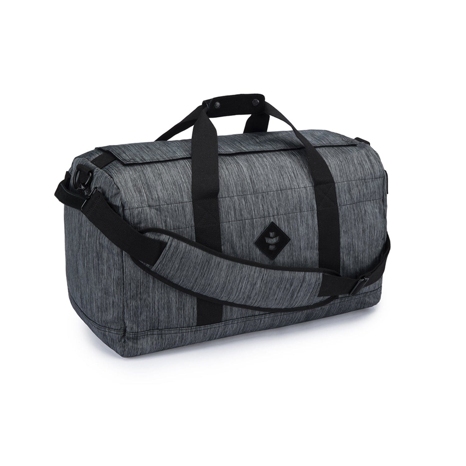 Angled front view of The Weekender - Smell Proof Medium Duffle in heathered gray with black straps and a padded shoulder sling on a white background