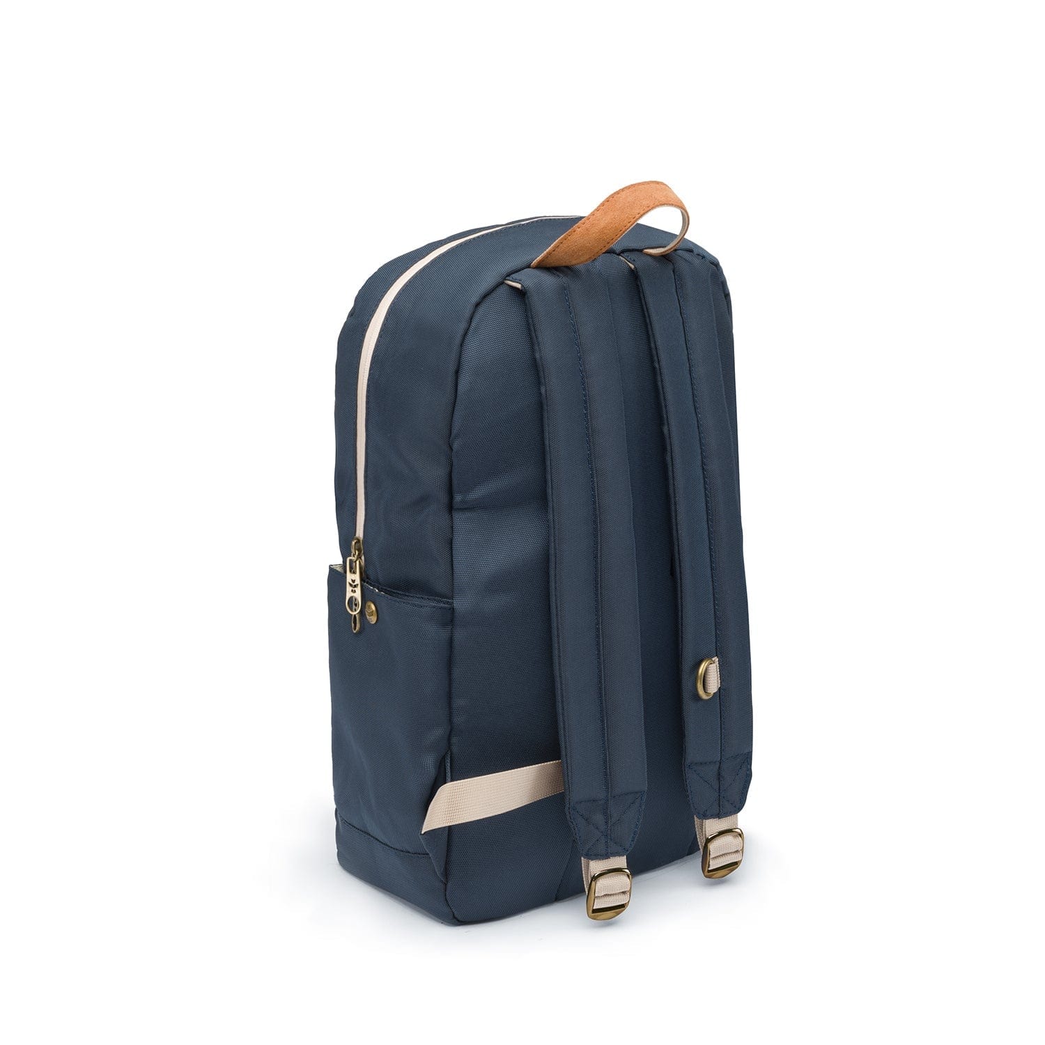 Side view of The Explorer - Smell Proof Backpack, a dark blue backpack with a vertical zipper and tan carrying handle.