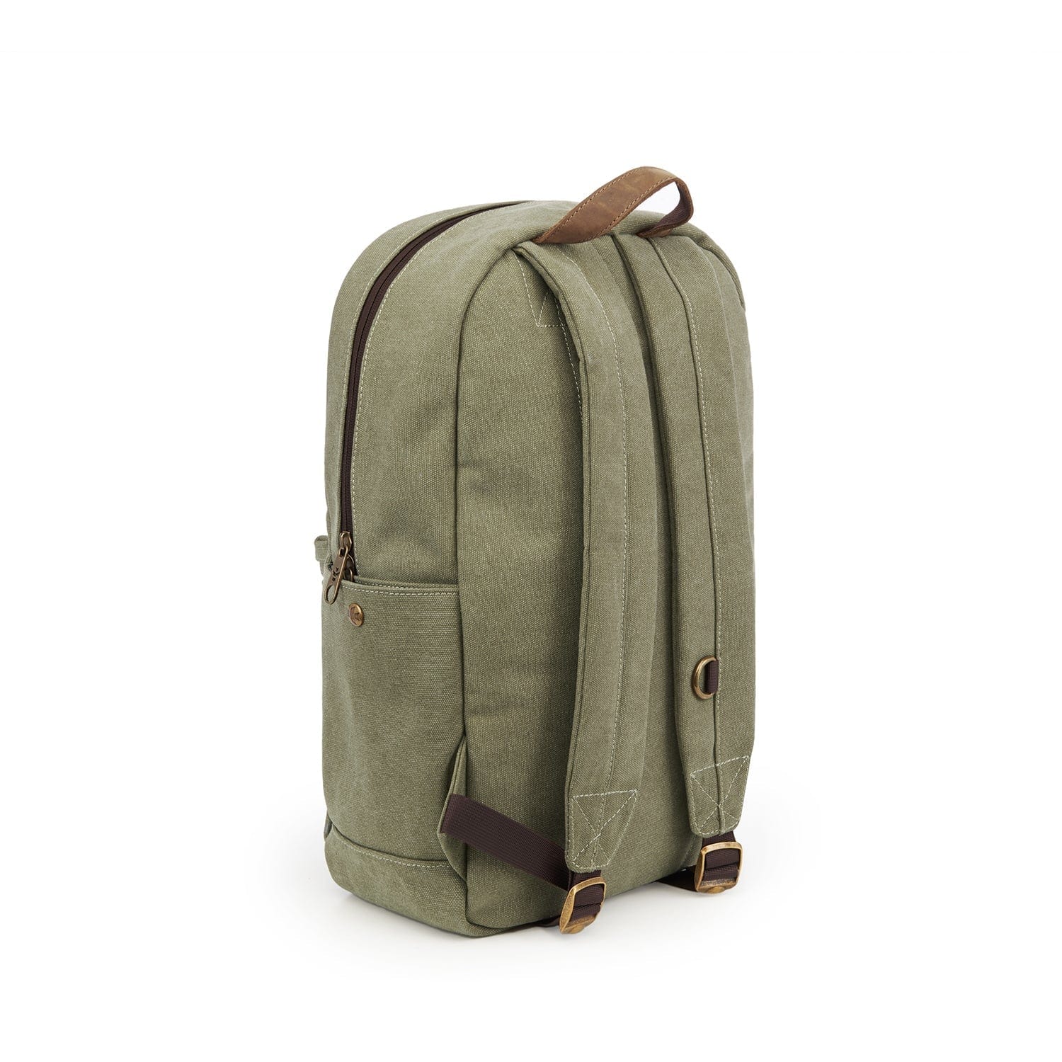 A rear angled view of The Explorer - Smell Proof Backpack, a dark green canvas bag with brown leather accents.
