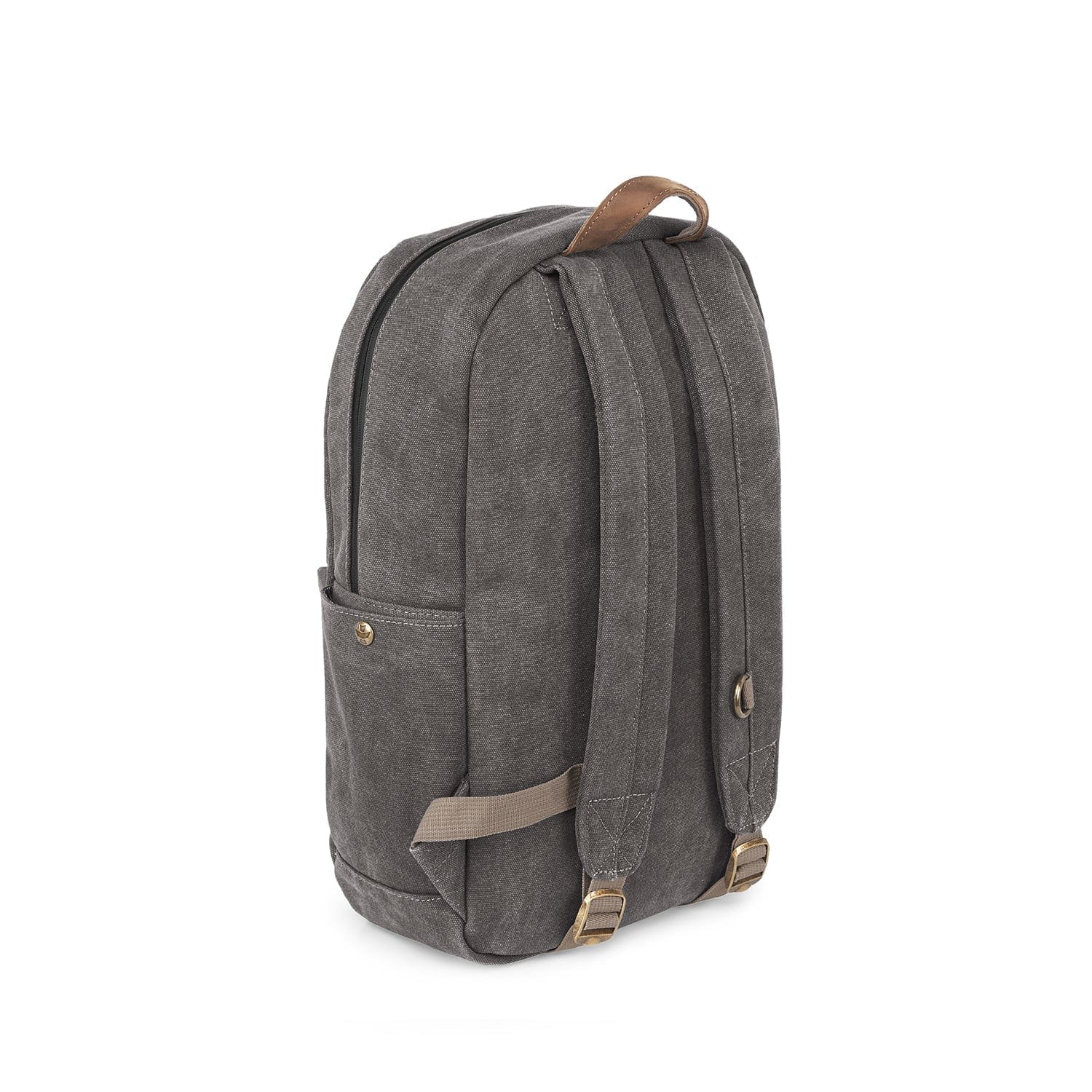 Back view of The Explorer - Smell Proof Backpack, a dark gray canvas bag with adjustable straps and a simple, streamlined design.