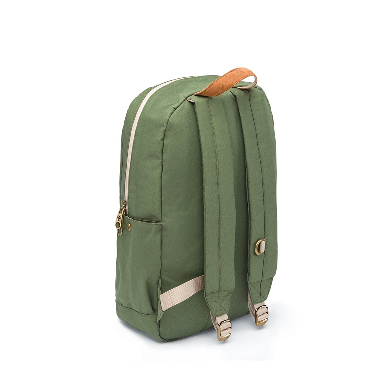 Back view of The Explorer - Smell Proof Backpack, a dark green pack with a brown strap and silver zipper pulls.