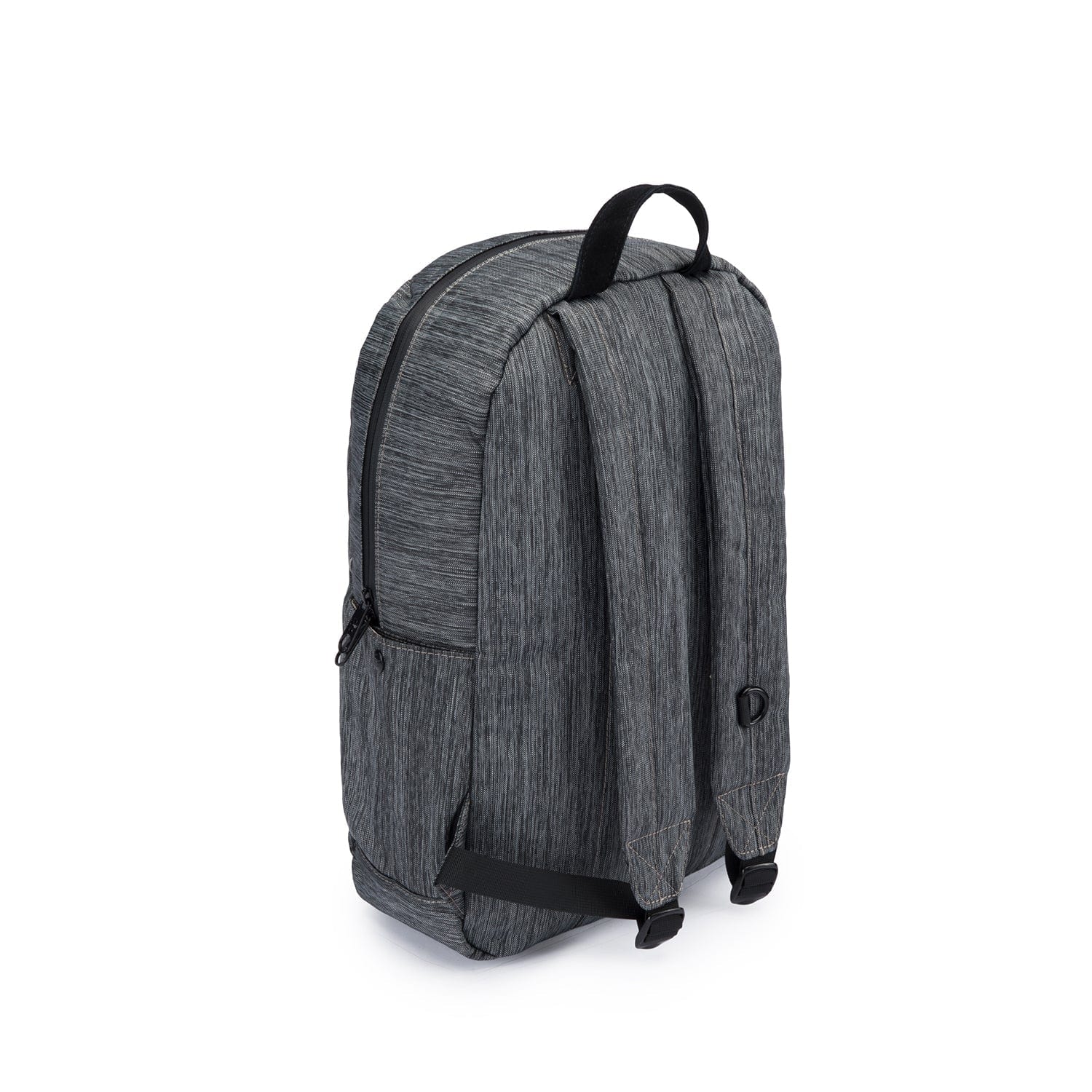 A three-quarter view of The Explorer - Smell Proof Backpack, showcasing its black fabric and streamlined design against a neutral background.