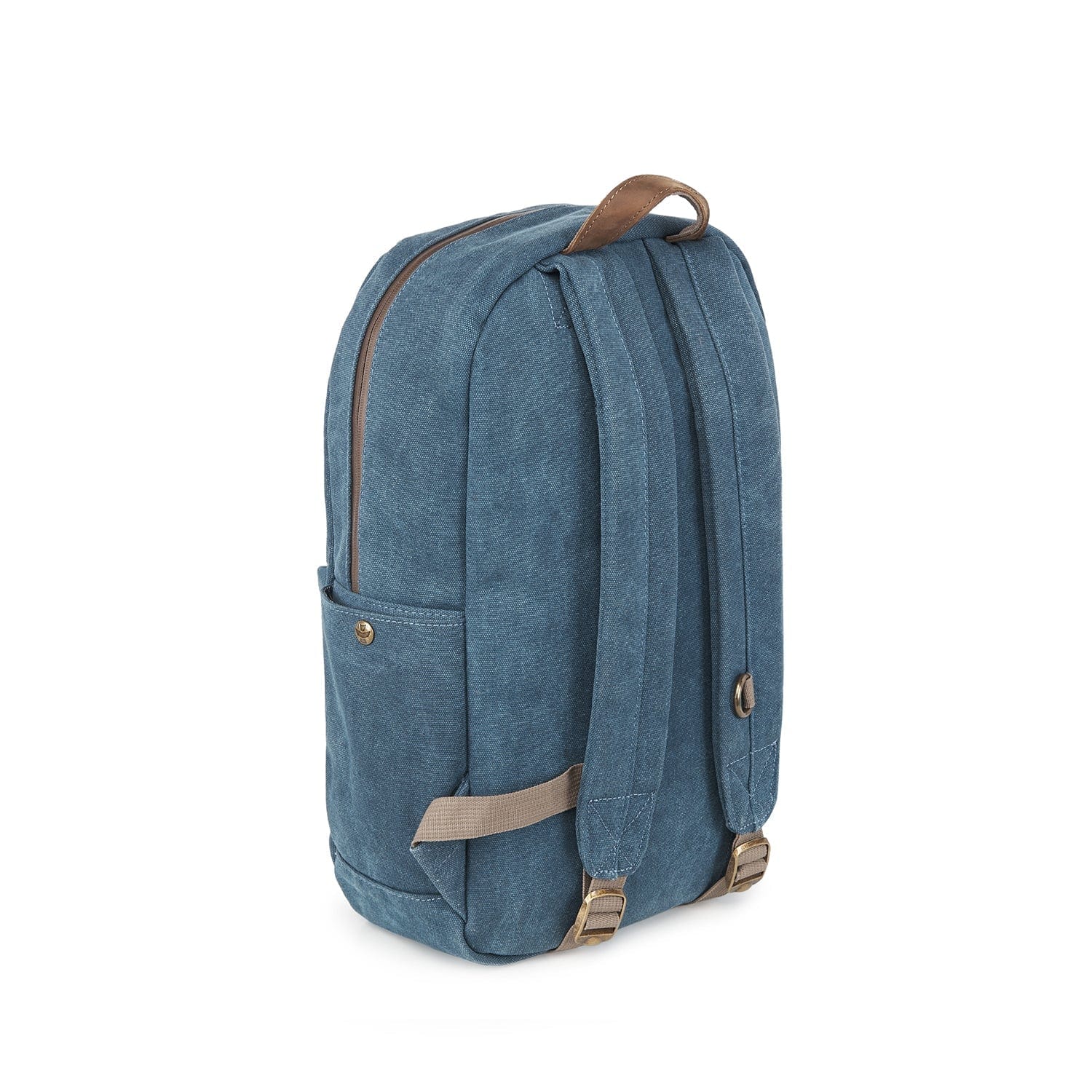 Side view of The Explorer - Smell Proof Backpack, a dark blue pack with tan leather pull tabs and adjustable straps.