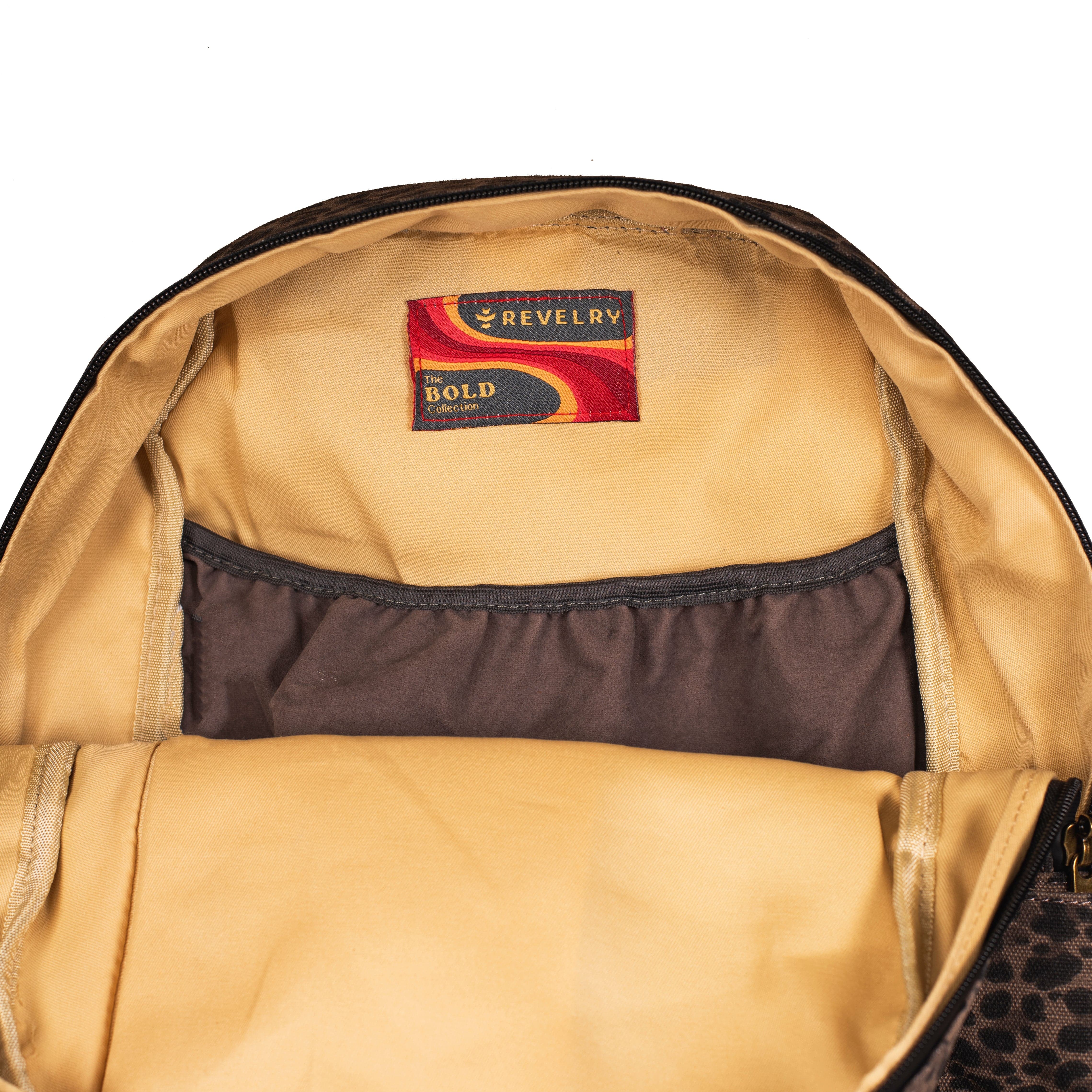 Interior view of The Explorer - Smell Proof Backpack, showing a dark-lined spacious compartment with a subtle textured pattern.