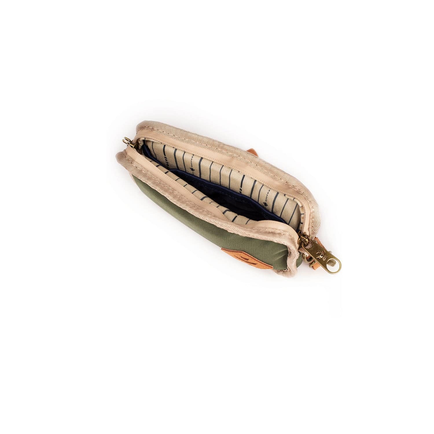 Open top view of The Gordito - Smell Proof Padded Pouch, revealing a patterned interior and neutral-toned exterior.