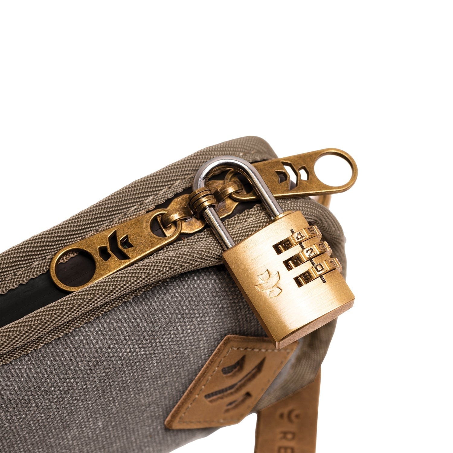 Close-up of The Gordito - Smell Proof Padded Pouch secured with a combination lock against a dark gray background.