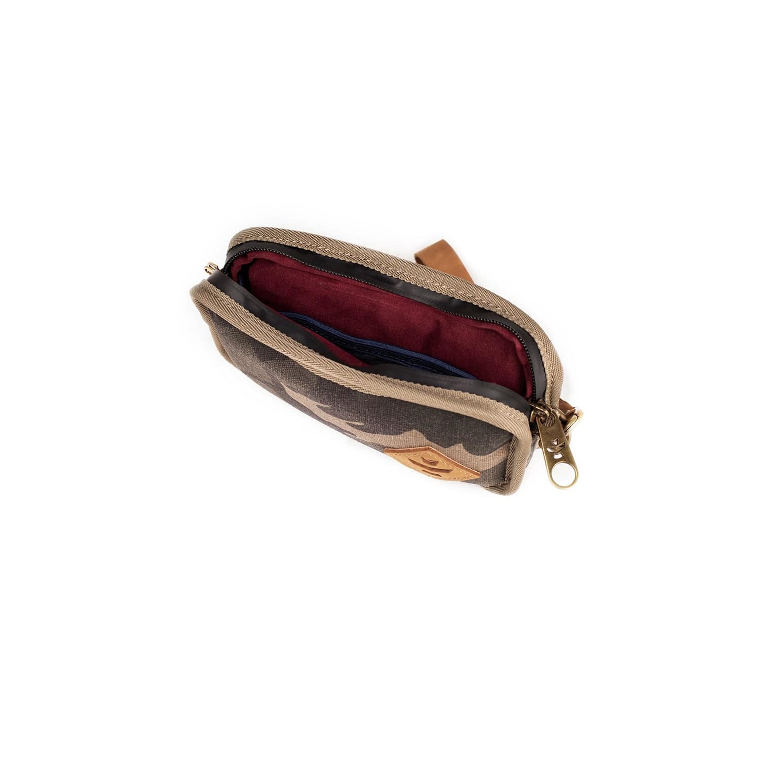 Overhead view of The Gordito - Smell Proof Padded Pouch, revealing a dark-lined, open interior and a silver zipper closure.