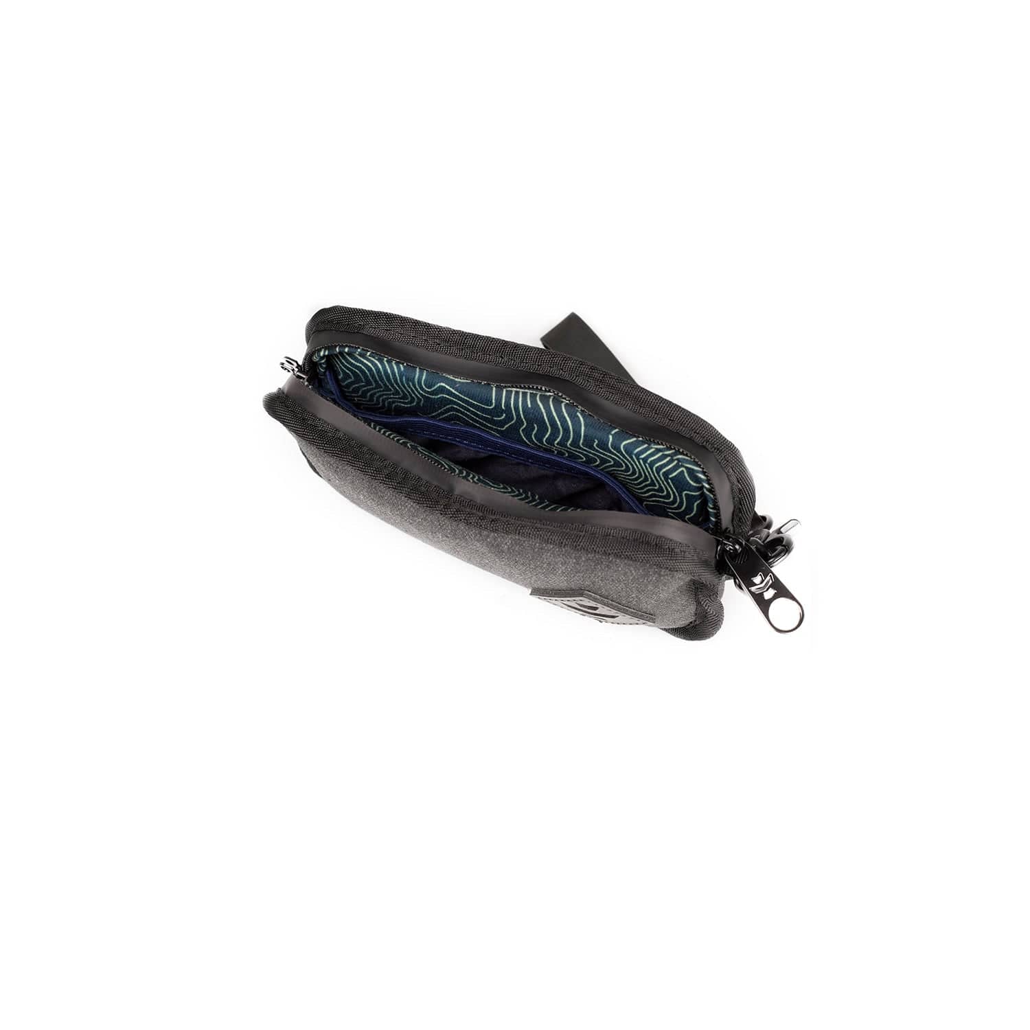A slightly angled view of The Gordito - Smell Proof Padded Pouch, displaying its dark, zippered closure and soft padding.