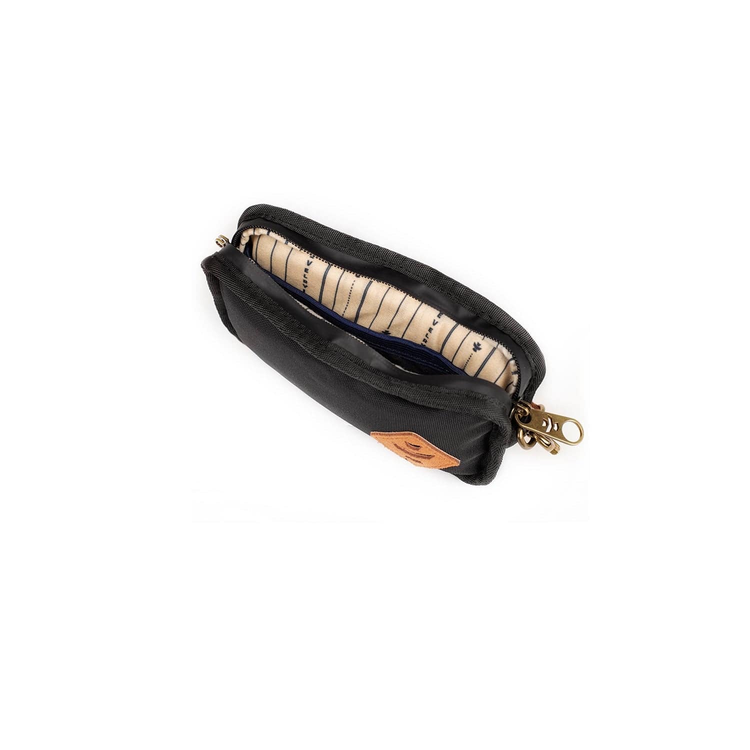 Side view of The Gordito - Smell Proof Padded Pouch, showing a zipped, dark-colored pouch with a minimalist, streamlined design.
