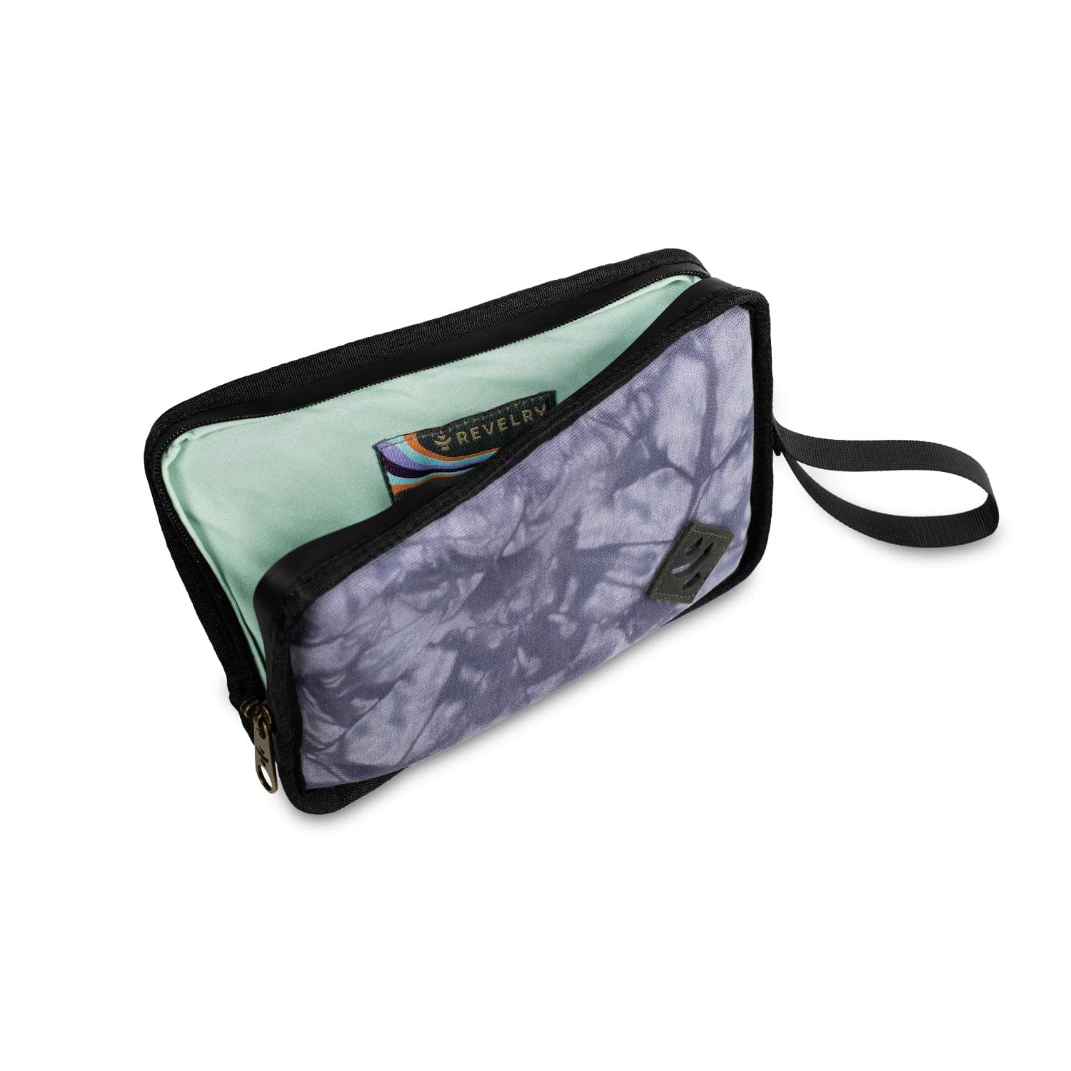 A slightly angled view of The Gordo - Smell Proof Padded Pouch, showing a closed, dark-colored zippered pouch with a carrying loop.