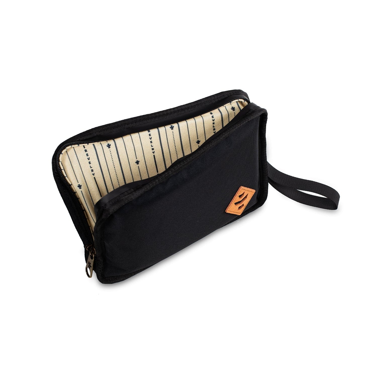 A slightly angled view of The Gordo - Smell Proof Padded Pouch, featuring a dark exterior and patterned interior, partially open.