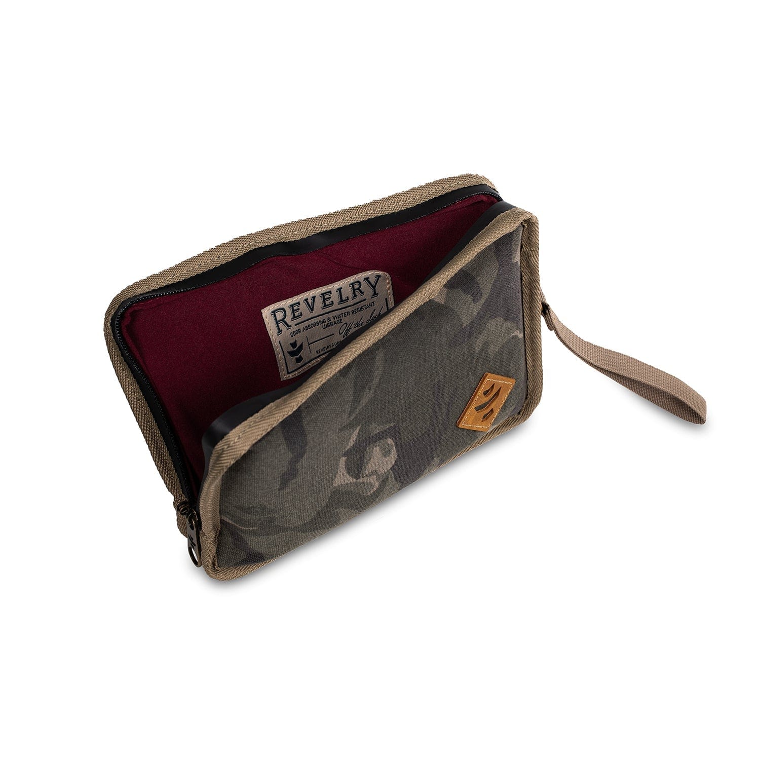 The Gordo - Smell Proof Padded Pouch angled from above, showcasing its dark gray fabric and zippered closure.