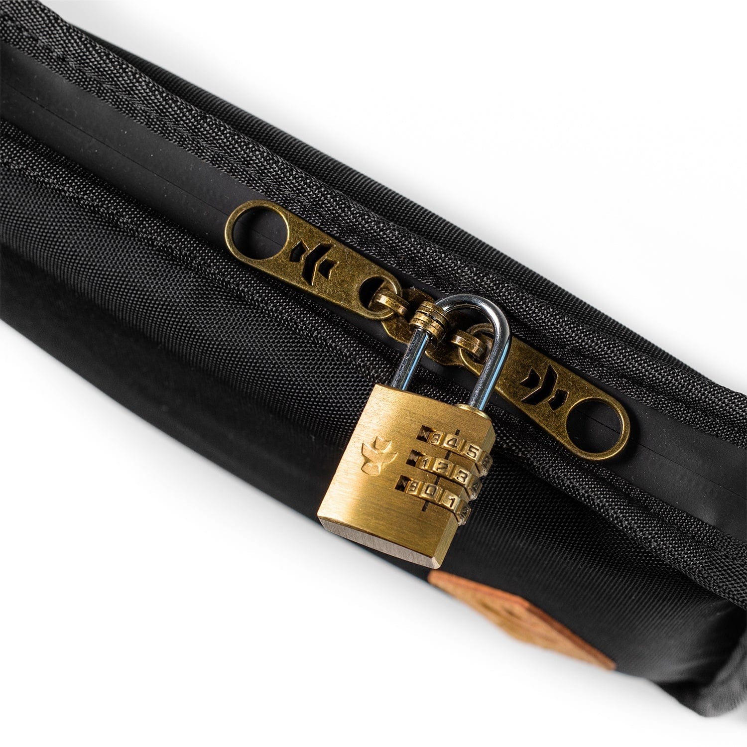 Front view of The Gordo - Smell Proof Padded Pouch, closed and dark gray, with a silver zipper pull.