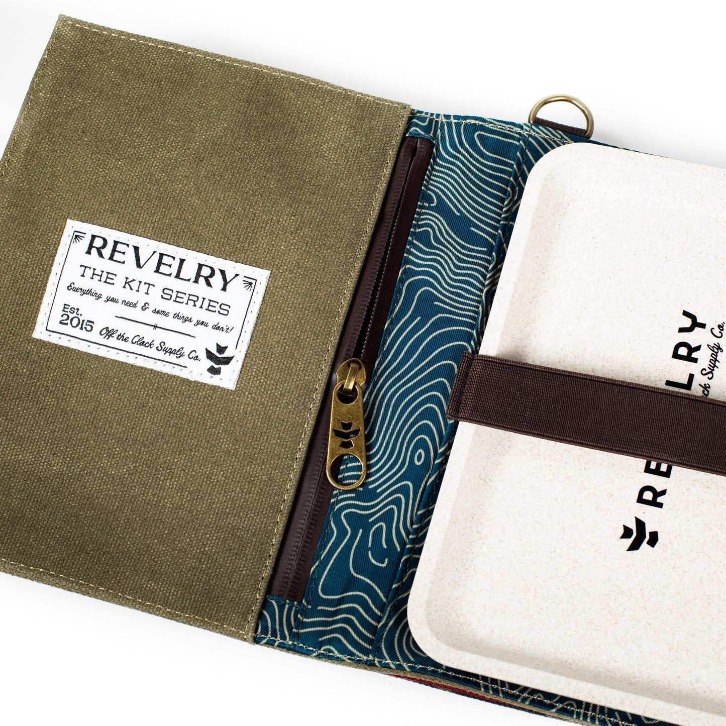 Front view of The Rolling Kit - Smell Proof Kit, showcasing a patterned fabric exterior with branded text.