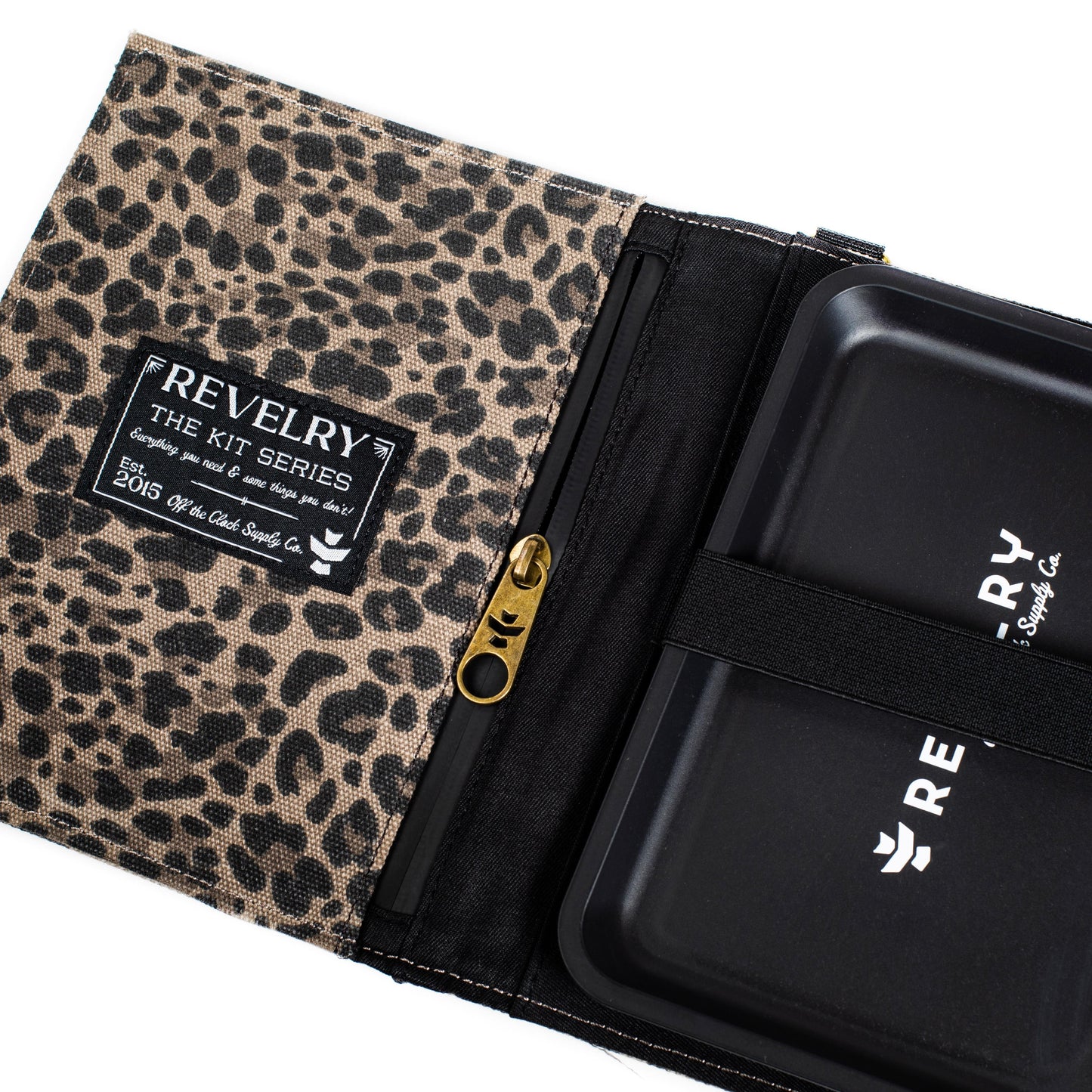 Front view of The Rolling Kit - Smell Proof Kit, showcasing a patterned exterior and silver zipper closure.