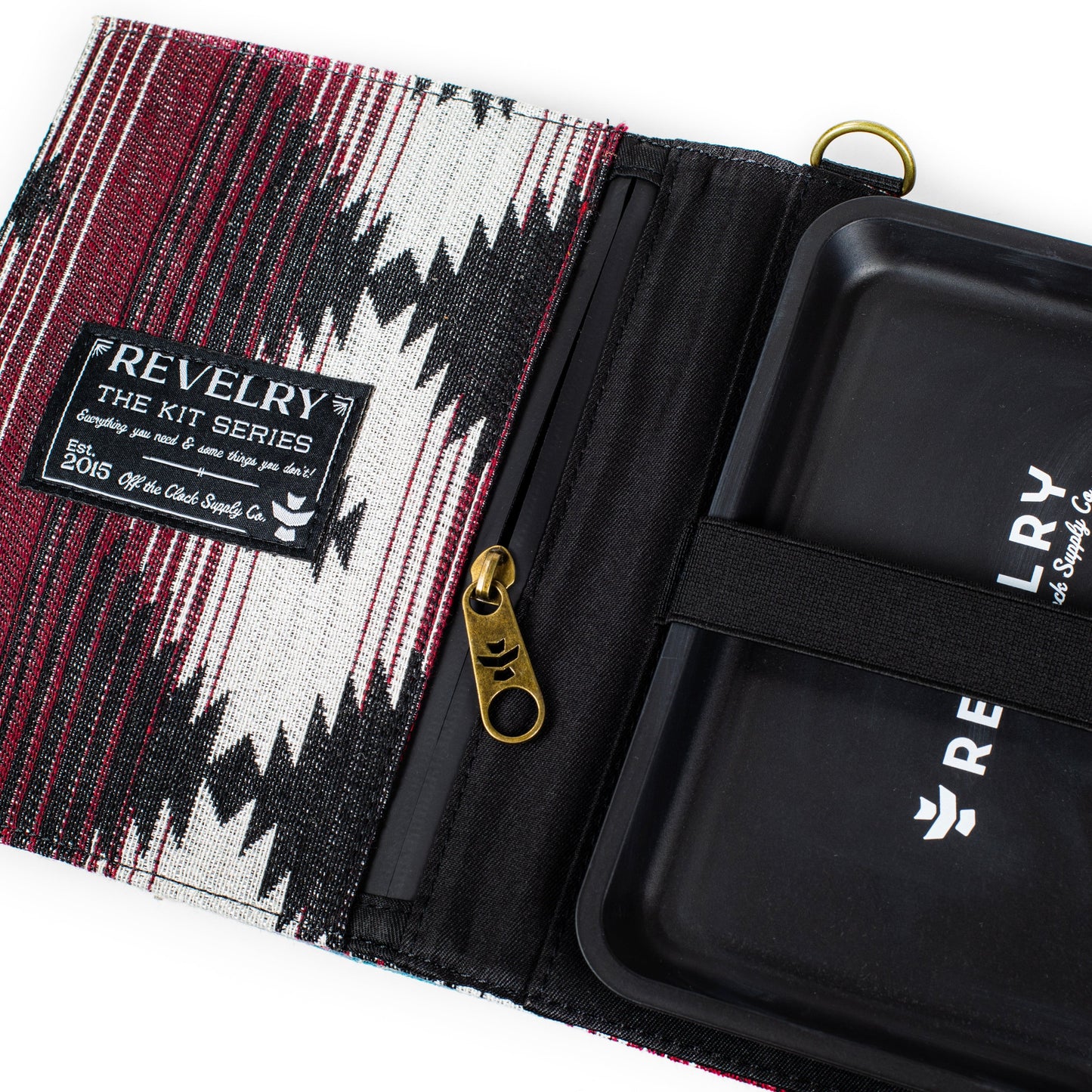 Front view of the Rolling Kit - Smell Proof Kit, a closed black zippered pouch with embossed branding.