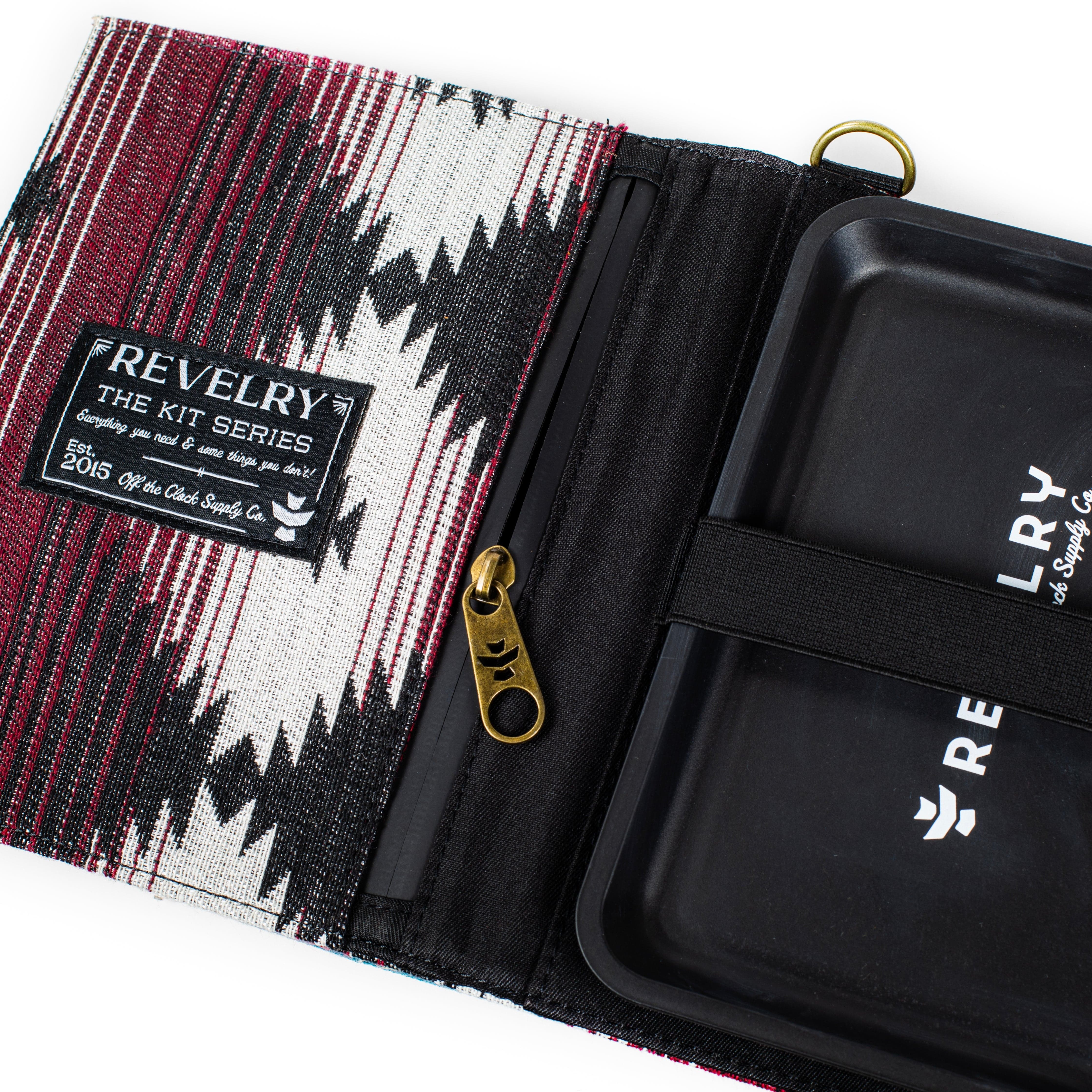 Front view of the Rolling Kit - Smell Proof Kit, a closed black zippered pouch with embossed branding.