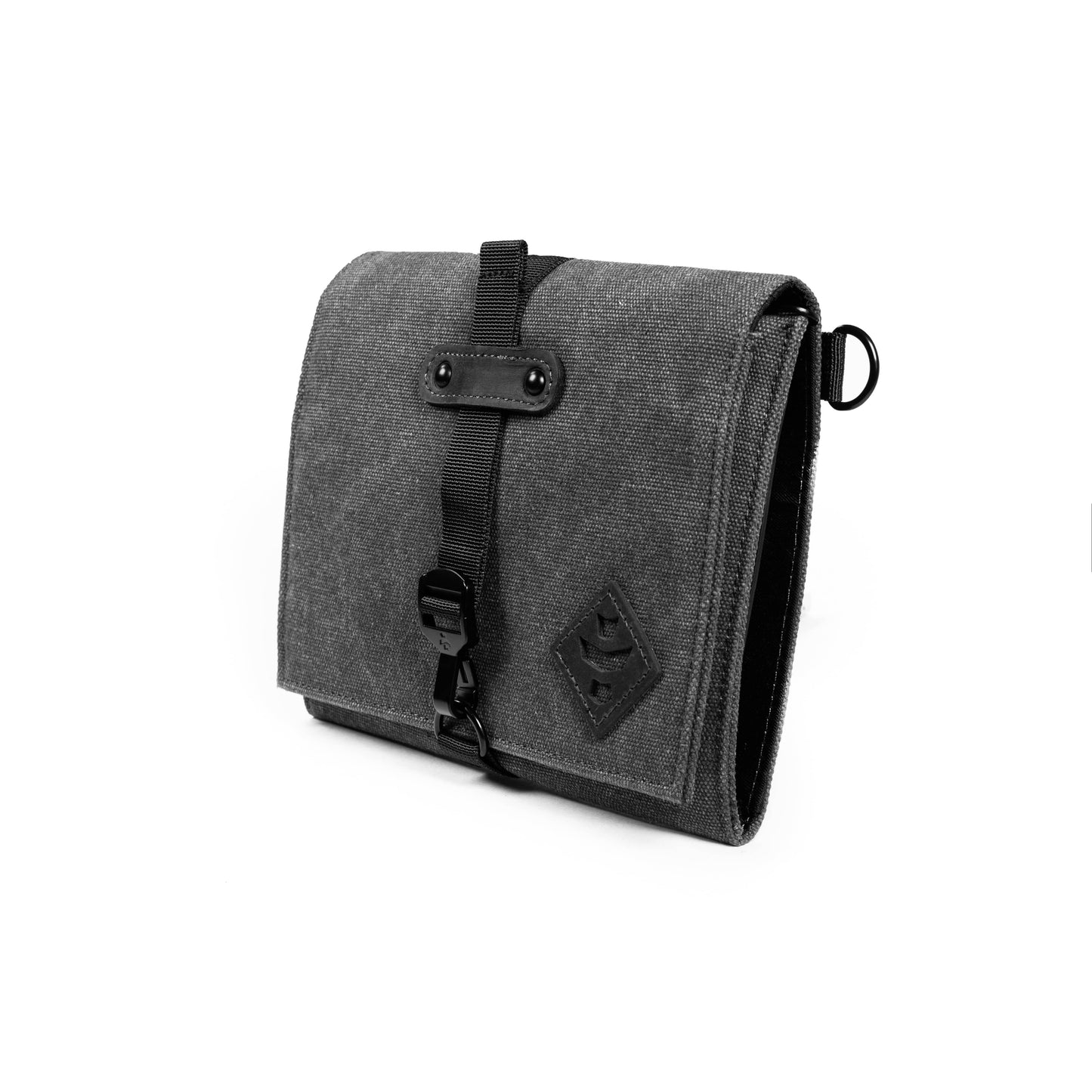 The Rolling Kit - Smell Proof Kit shown in a close-up, angled view with a black strap and zipper details.