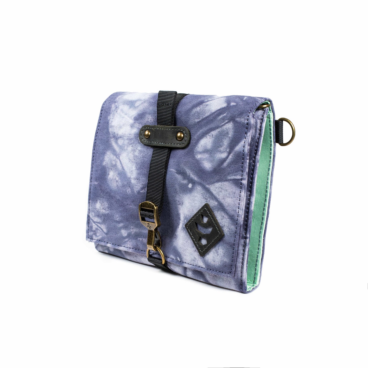 Front view of The Rolling Kit - Smell Proof Kit, a closed, patterned pouch with a black strap and metal clip, against a neutral backdrop.