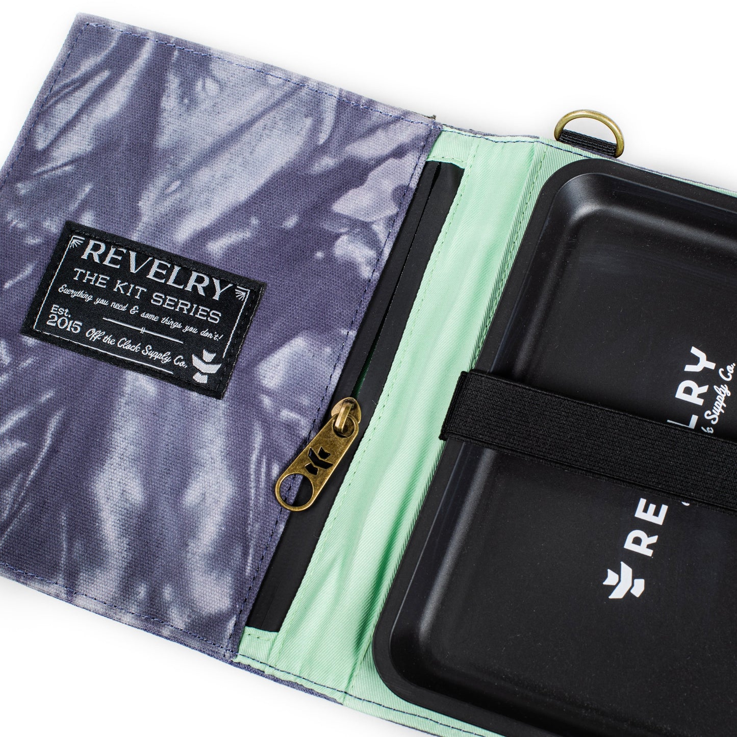 Front view of The Rolling Kit - Smell Proof Kit, featuring a black zippered pouch with a silver pull tab against a patterned background.