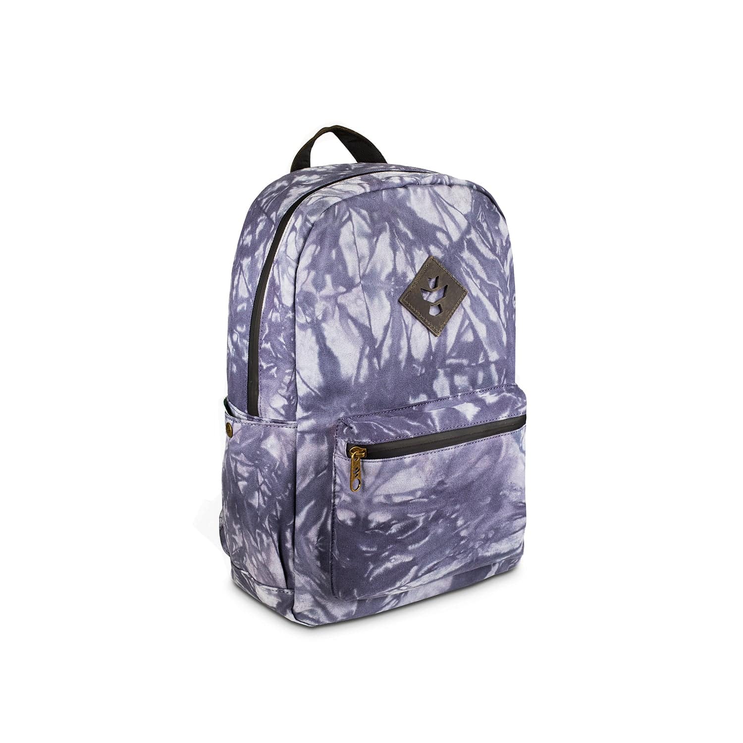 Front view of The Explorer - Smell Proof Backpack, a purple patterned bag angled slightly against a plain white background.