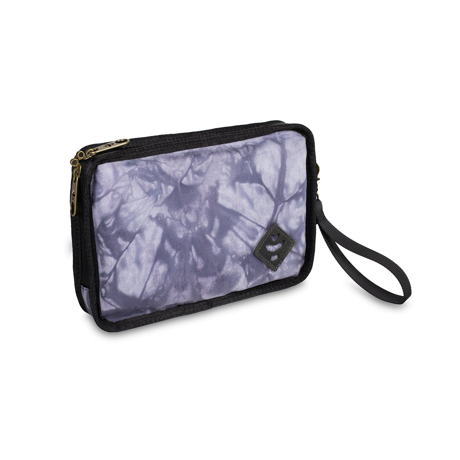 A slightly angled view of The Gordo - Smell Proof Padded Pouch, showcasing its textured, dark gray exterior and black carrying handle.