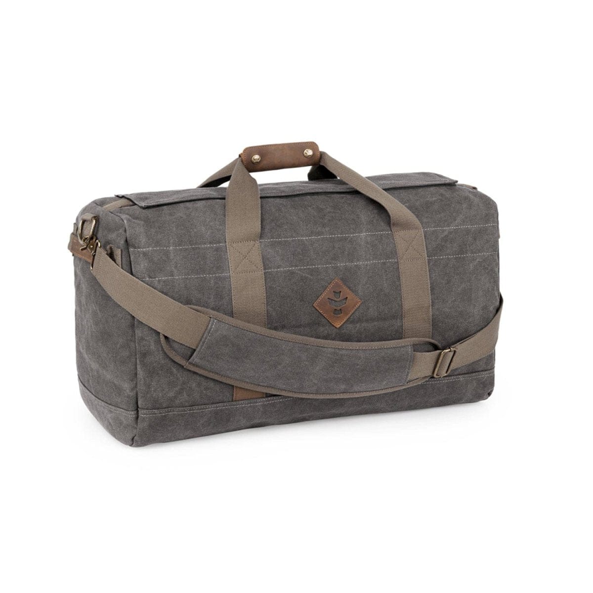Three-quarter front view of The Around-Towner - Smell Proof Medium Duffle in ash canvas with tan straps and a leather handle detail.