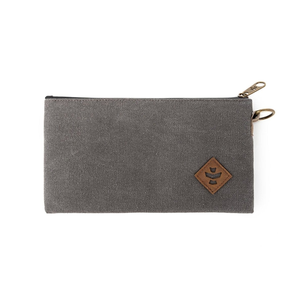 Front view of The Broker - Smell Proof Zippered Stash Bag, a dark gray rectangular pouch with a silver zipper and loop pull.