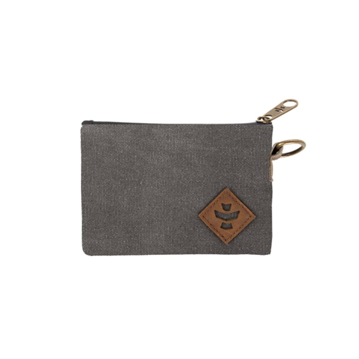 A close-up shows The Mini Broker - Smell Proof Zippered Small Stash Bag with a dark gray exterior and metal zipper pull.
