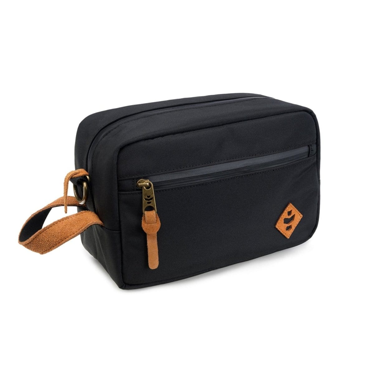 A slightly angled view of The Stowaway - Smell Proof Toiletry Kit, a dark-colored, zippered pouch with a carrying handle.