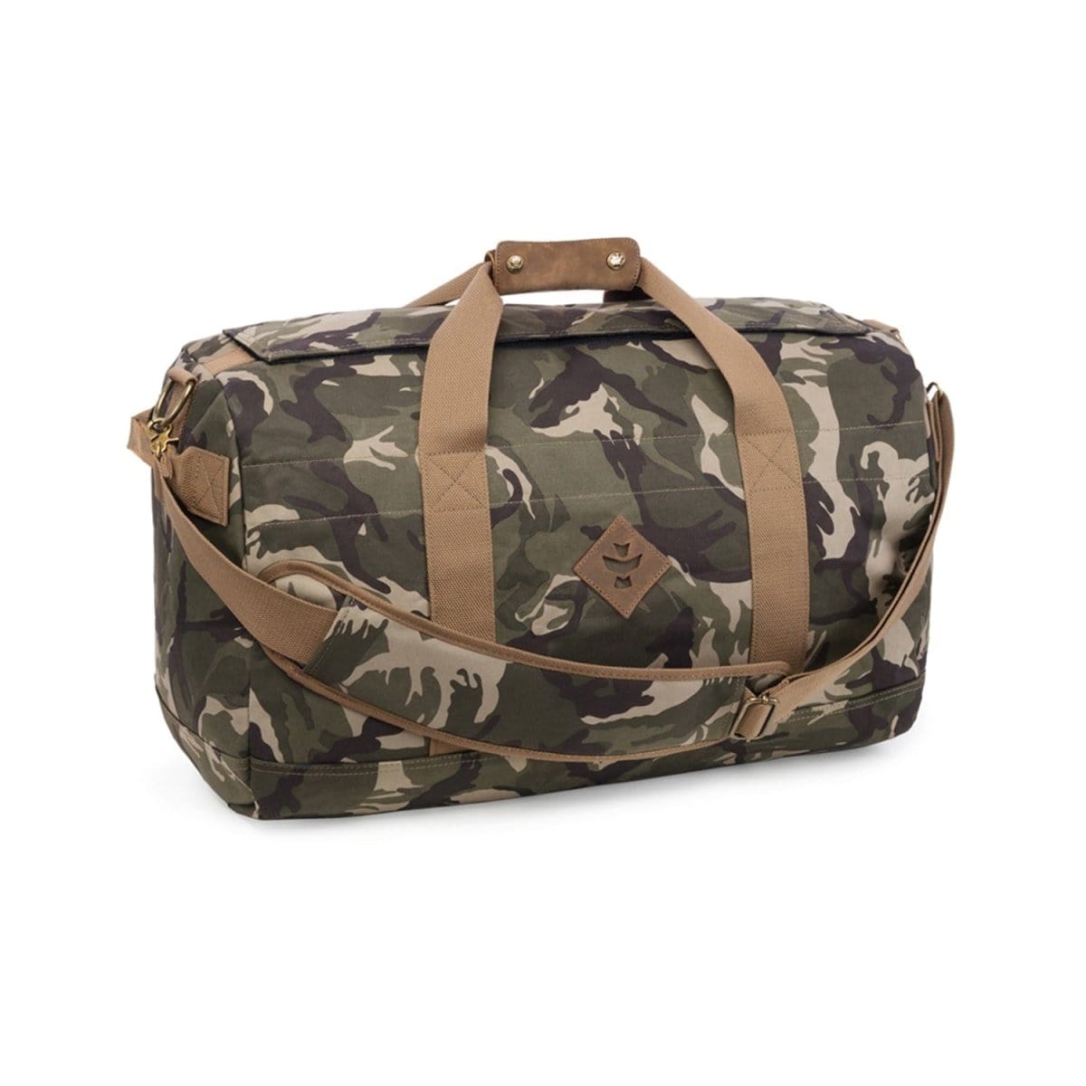 Front three-quarter view of The Around-Towner - Smell Proof Medium Duffle in a brown camo print, shown on a white background with tan straps and brass hardware.